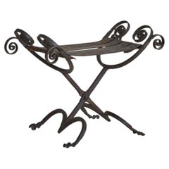 Vintage Spanish Brutalist Wrought Iron + Tooled Leather Folding Stool No. 02