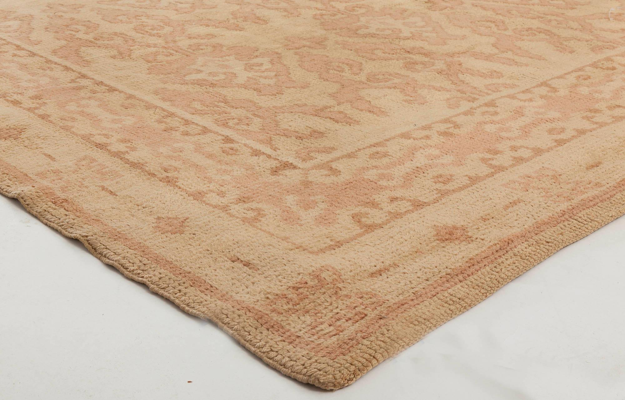 20th Century Vintage Spanish Beige Background Handmade Wool Rug For Sale