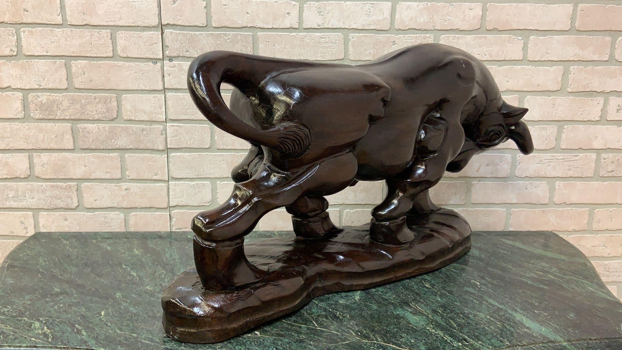 Wood Vintage Spanish Carved Charging Bull Statue, Pair For Sale