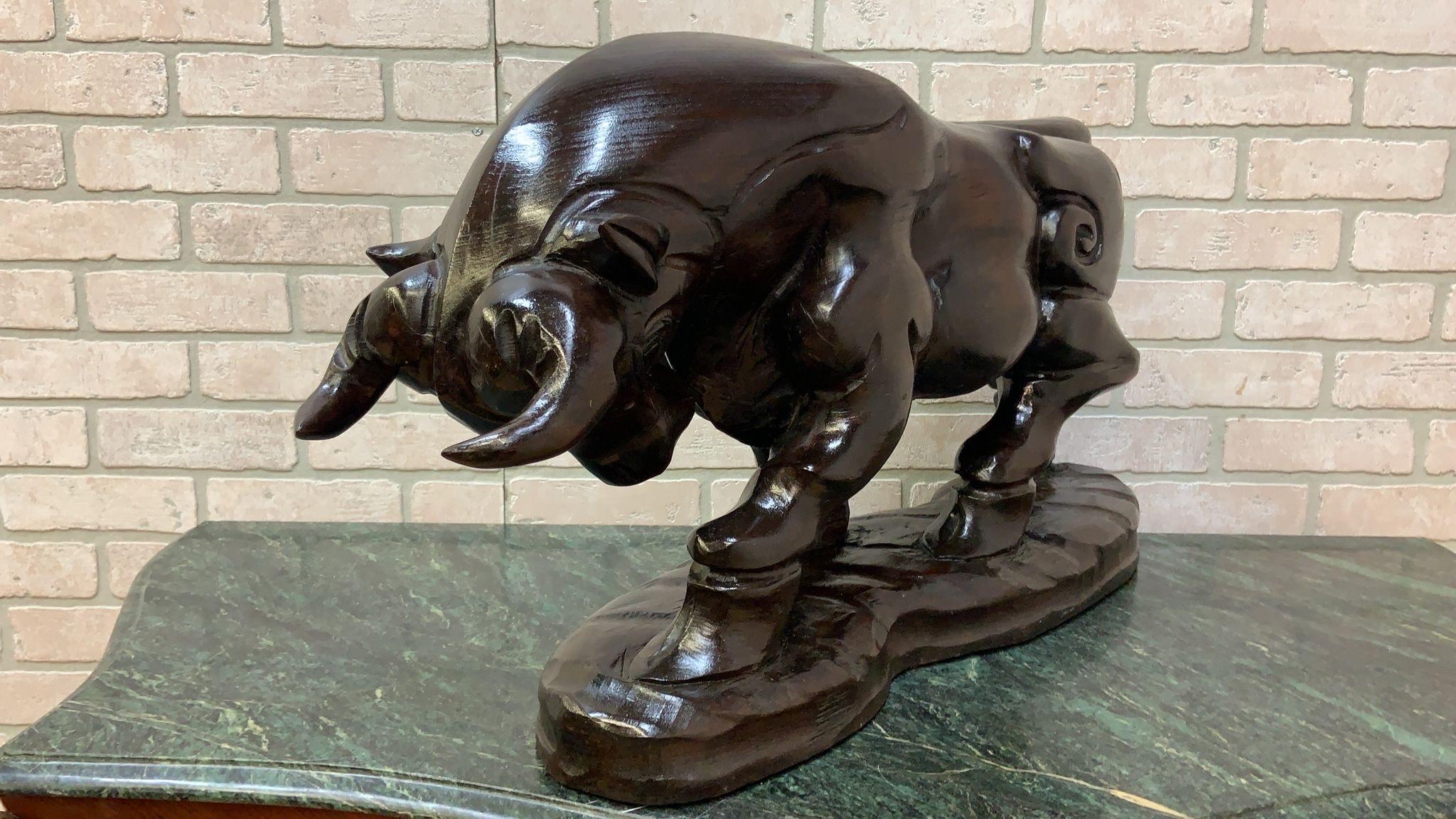 Vintage Spanish Carved Charging Bull Statue, Pair For Sale 1