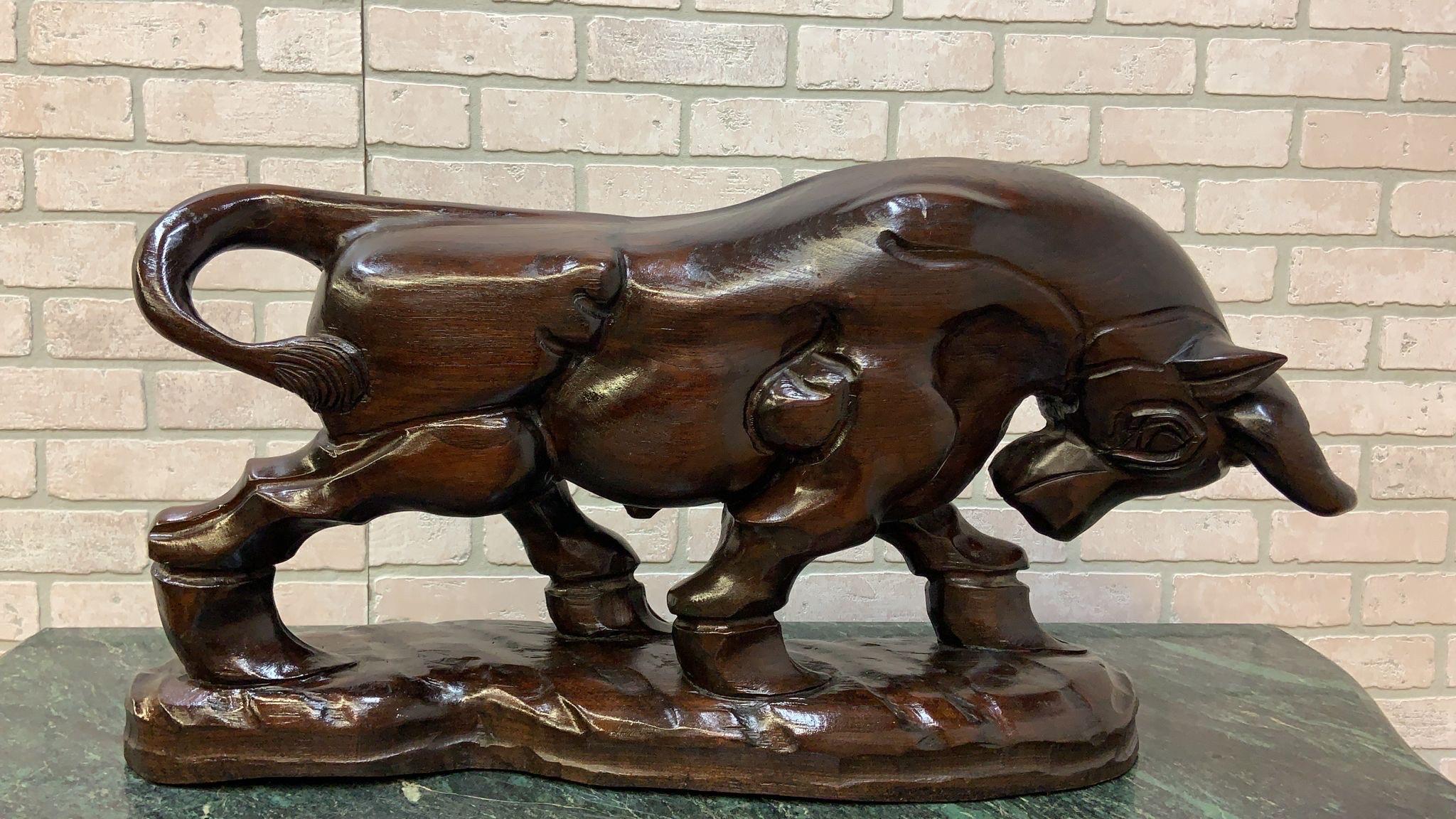 Vintage Spanish Carved Charging Bull Statue, Pair For Sale 3