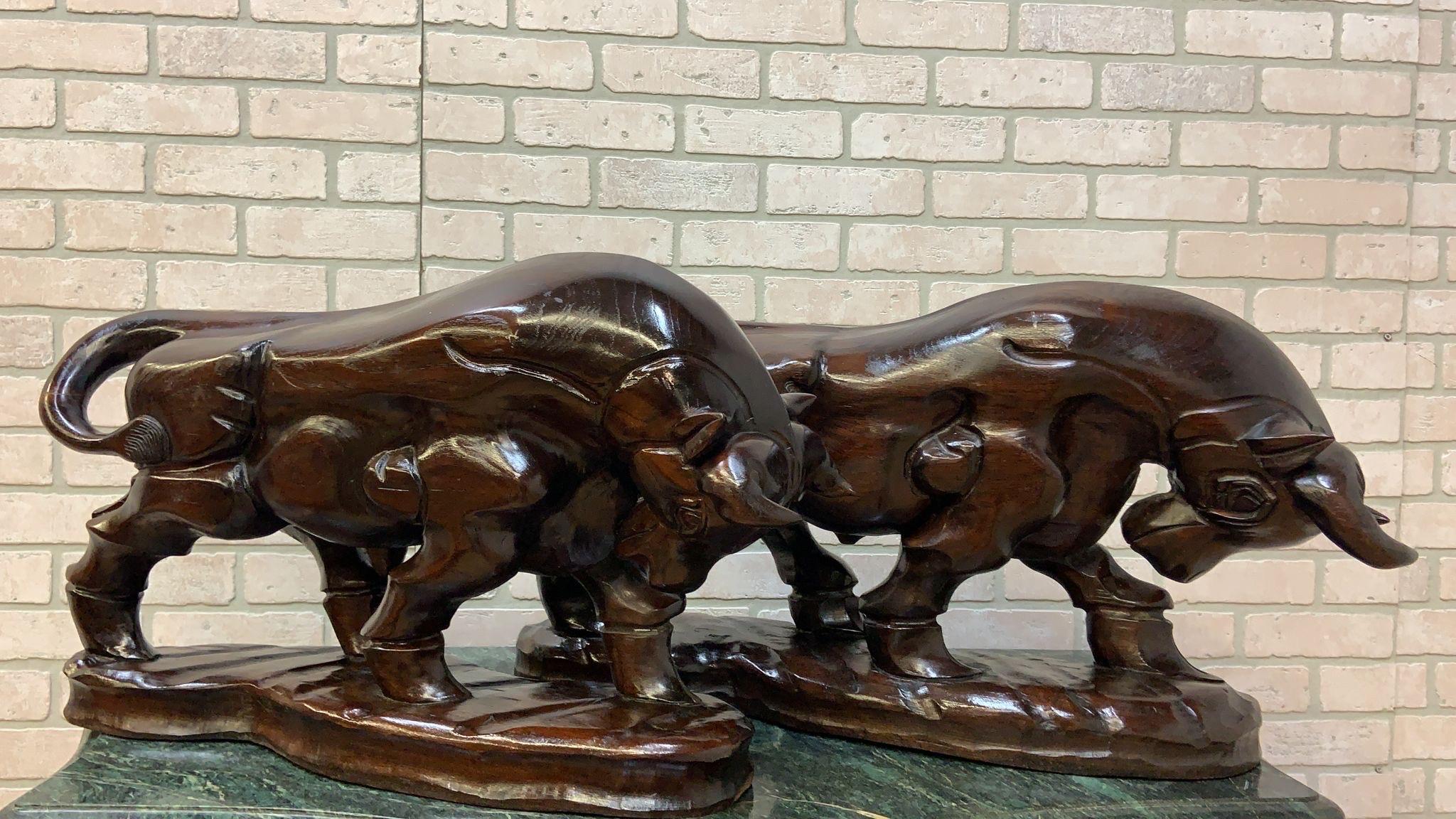 Vintage Spanish Carved Charging Bull Statue, Pair For Sale 4