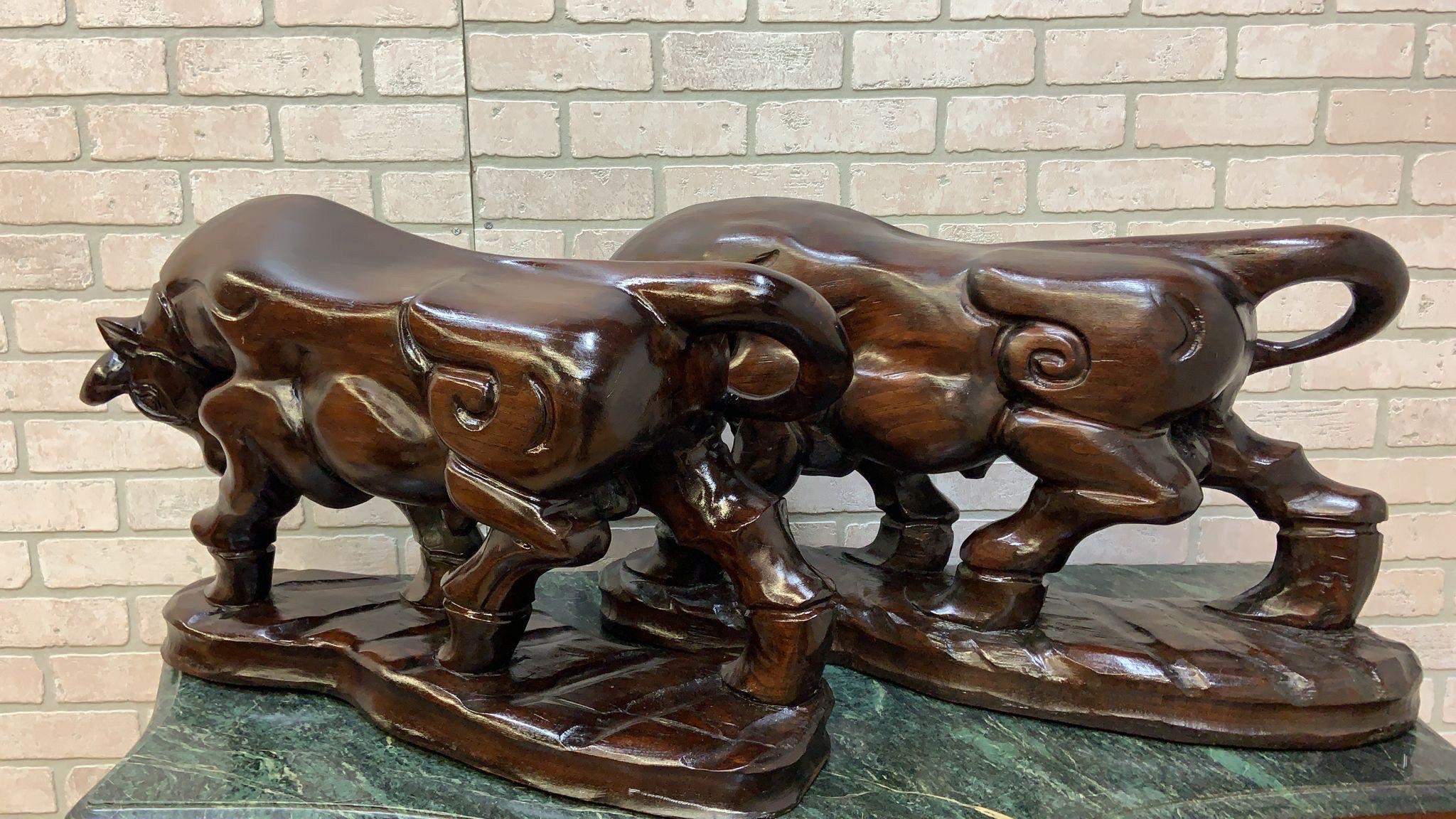 Vintage Spanish Carved Charging Bull Statue, Pair For Sale 5