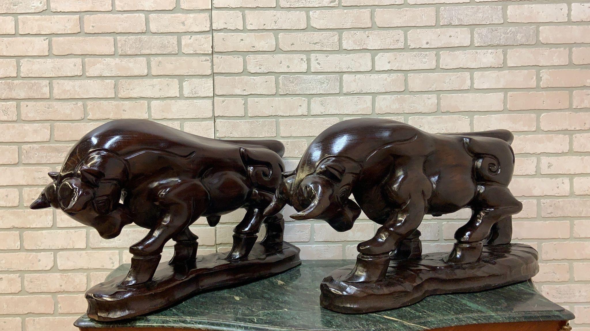 Vintage Spanish Carved Charging Bull Statue, Pair For Sale 7