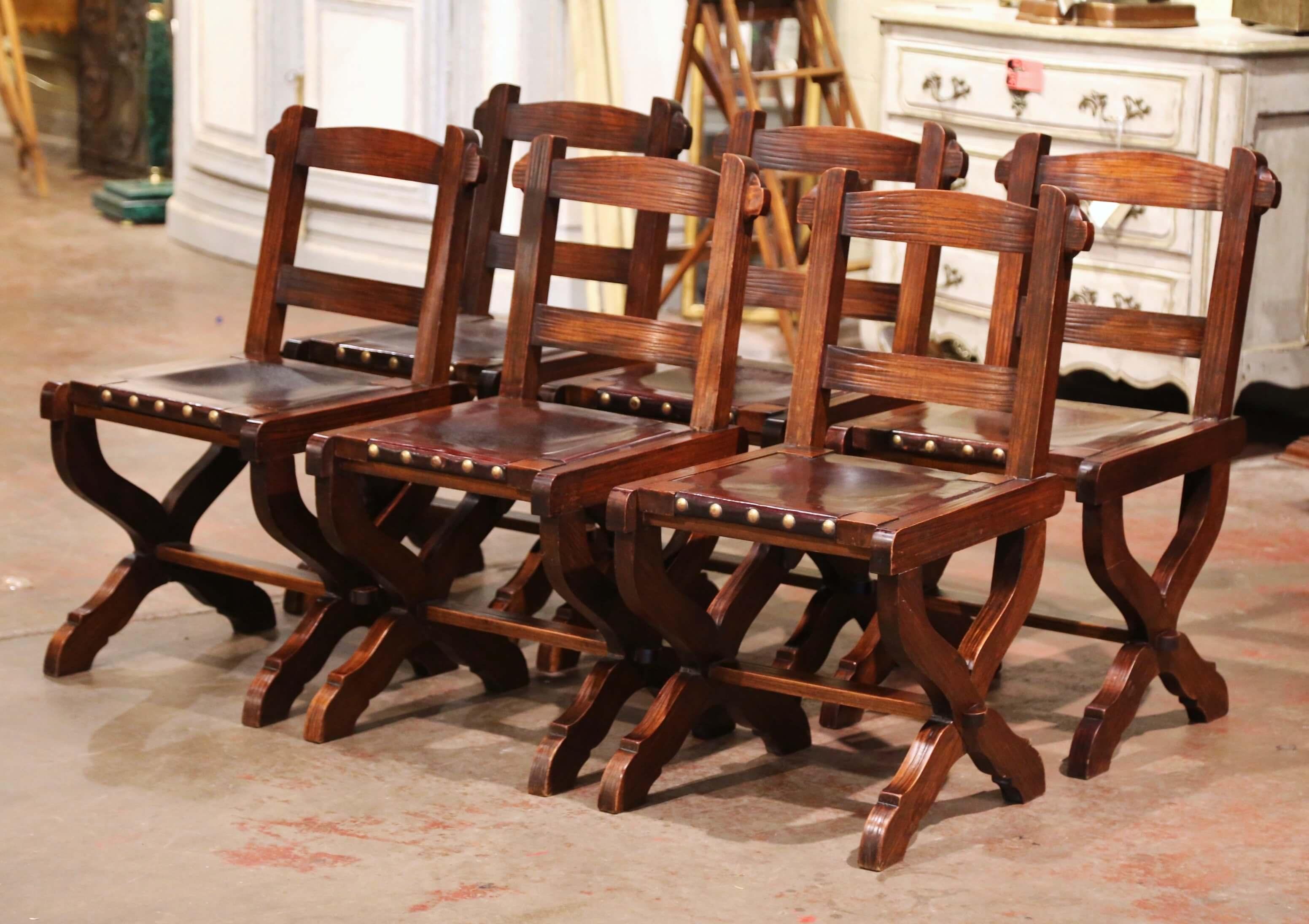 Louis XIII Vintage Spanish Carved Oak and Leather Dining Sidechairs & Armchairs, Set of 8