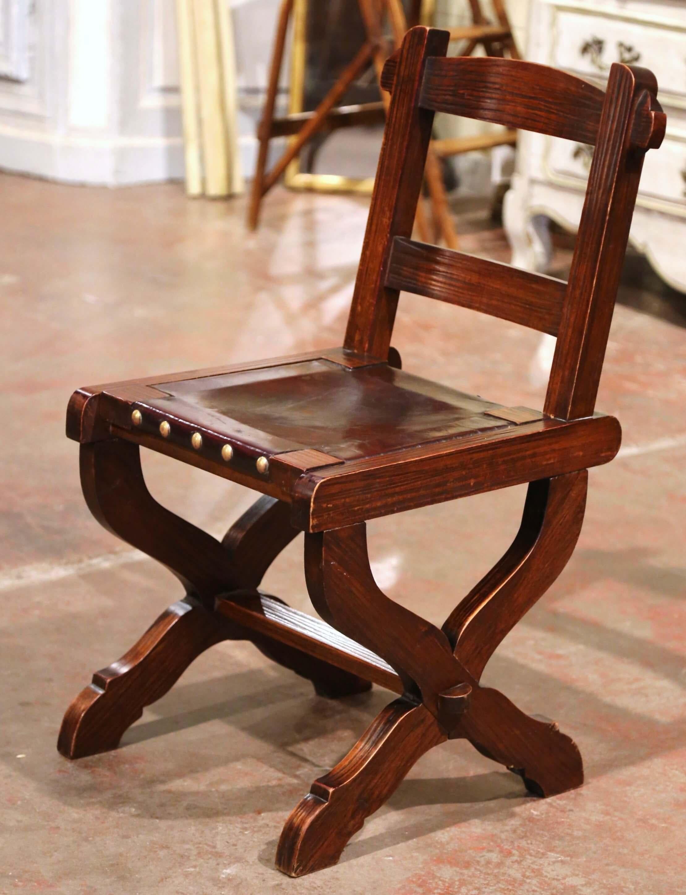 Hand-Carved Vintage Spanish Carved Oak and Leather Dining Sidechairs & Armchairs, Set of 8