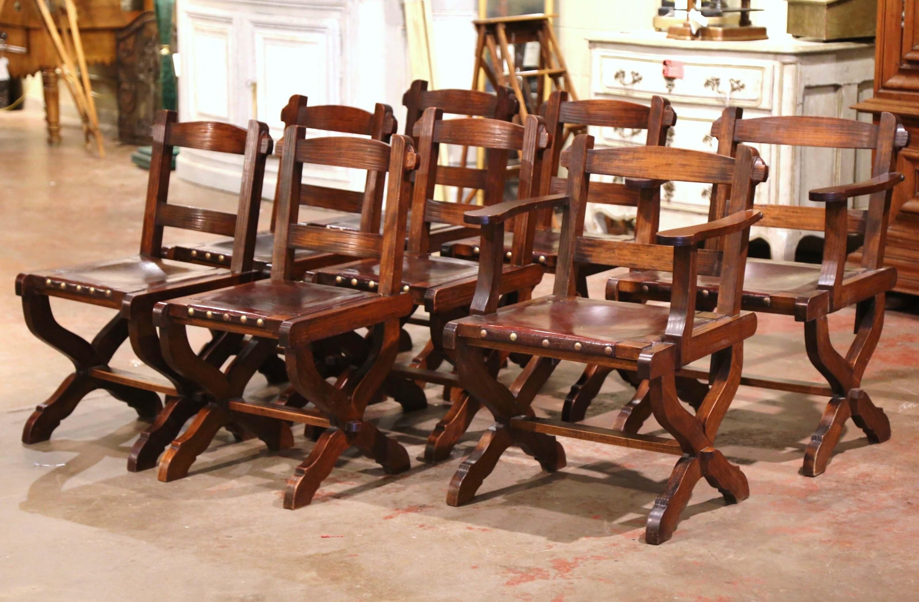 Vintage Spanish Carved Oak and Leather Dining Sidechairs & Armchairs, Set of 8 In Excellent Condition In Dallas, TX