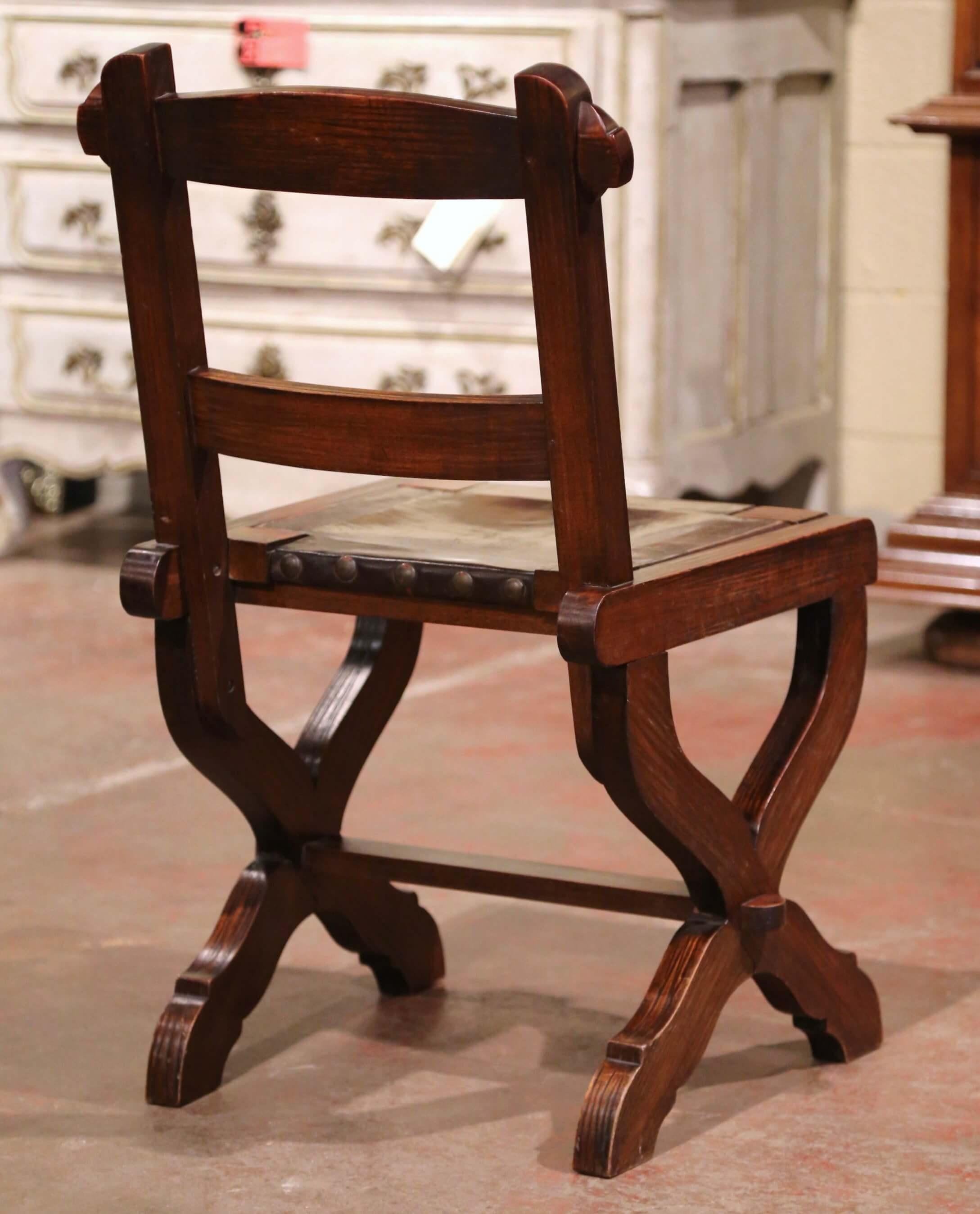 Vintage Spanish Carved Oak and Leather Dining Sidechairs & Armchairs, Set of 8 1