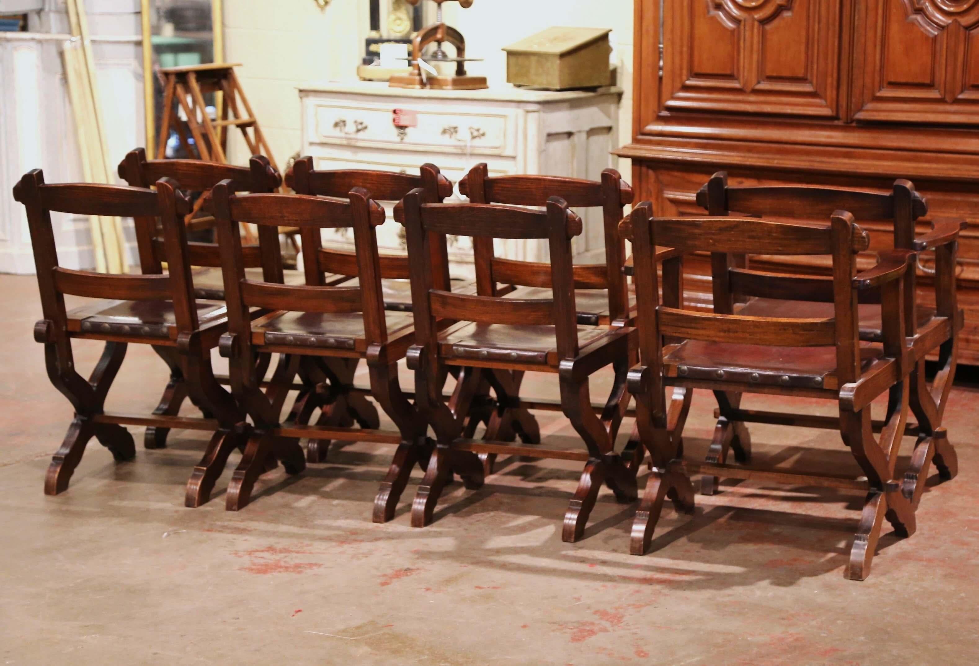 Vintage Spanish Carved Oak and Leather Dining Sidechairs & Armchairs, Set of 8 3