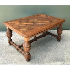 Vintage Spanish Carved Wood Parquet Extendable Dining Table
