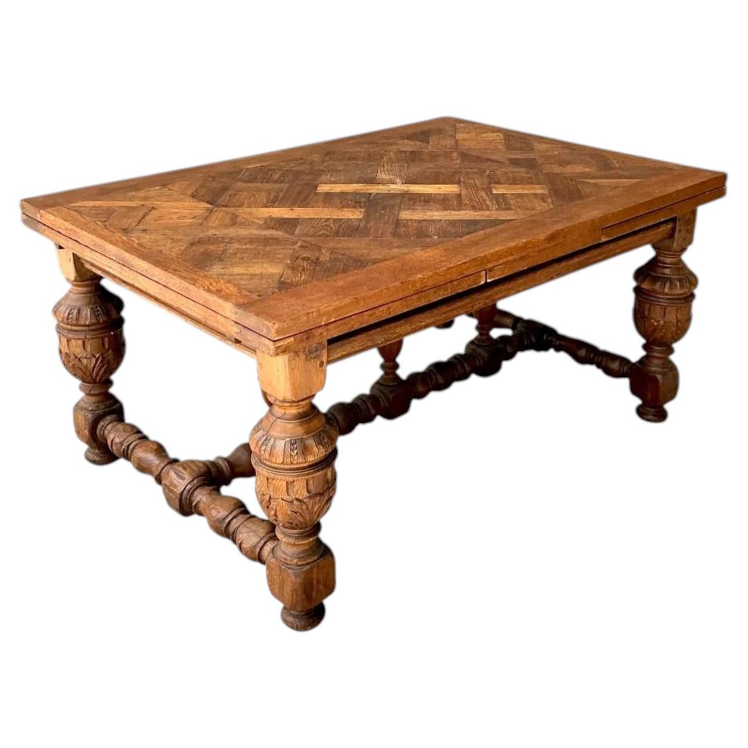 Vintage Spanish Carved Wood Parquet Extendable Dining Table For Sale