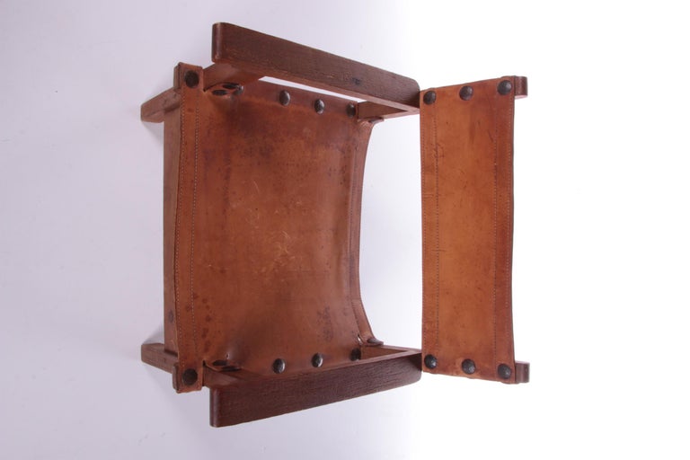 Vintage "Spanish Chair" of Wood and Gognac Leather, Spain 60s For Sale