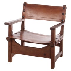 Spanischer Stuhl ""Spanish Chair" aus Holz und cognacfarbenem Leder, Spanien 60er Jahre