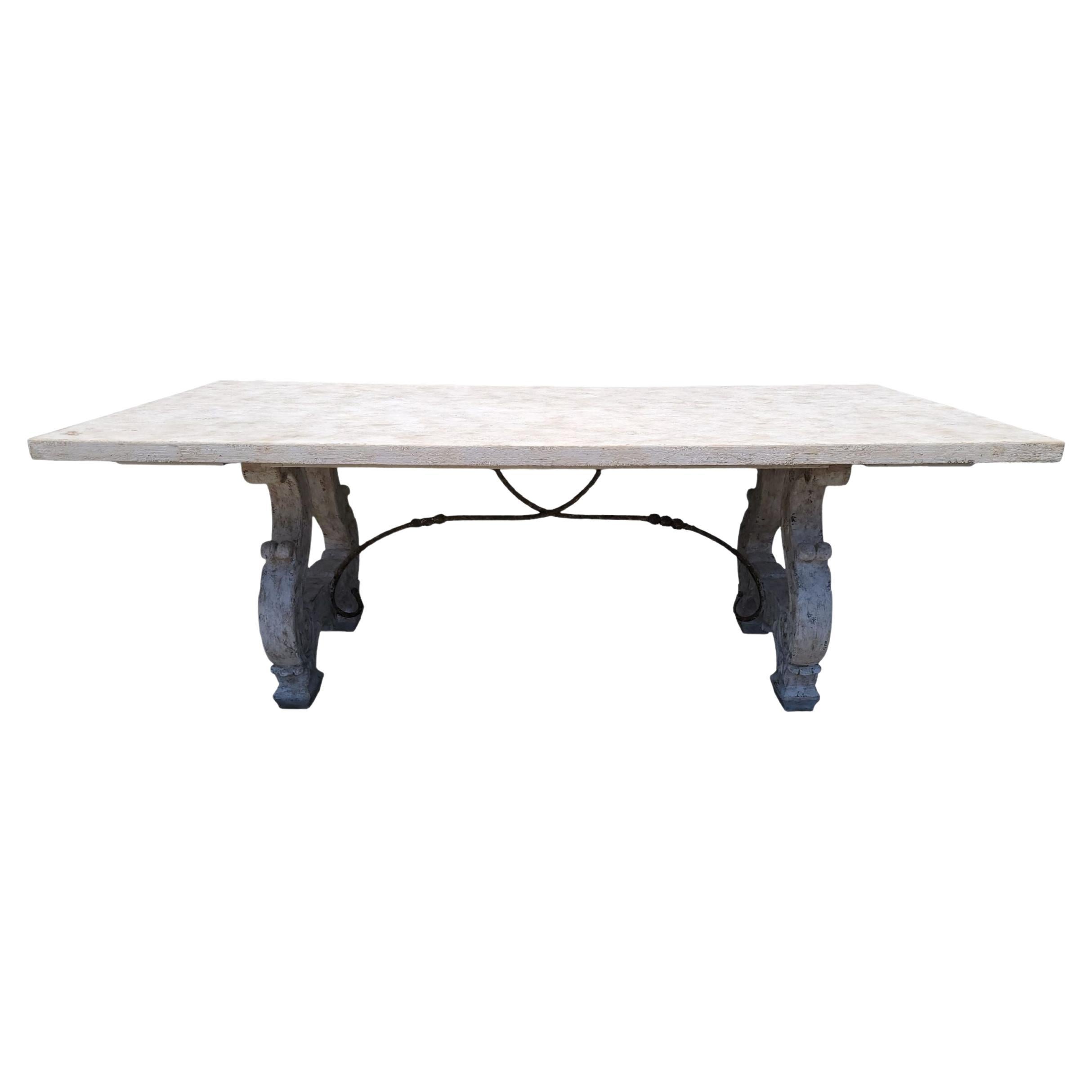 Vintage Spanish Colonial Bleach Oak Wood Painted Dinning Table wIron Stretchers For Sale