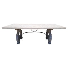 Used Spanish Colonial Bleach Oak Wood Painted Dinning Table wIron Stretchers