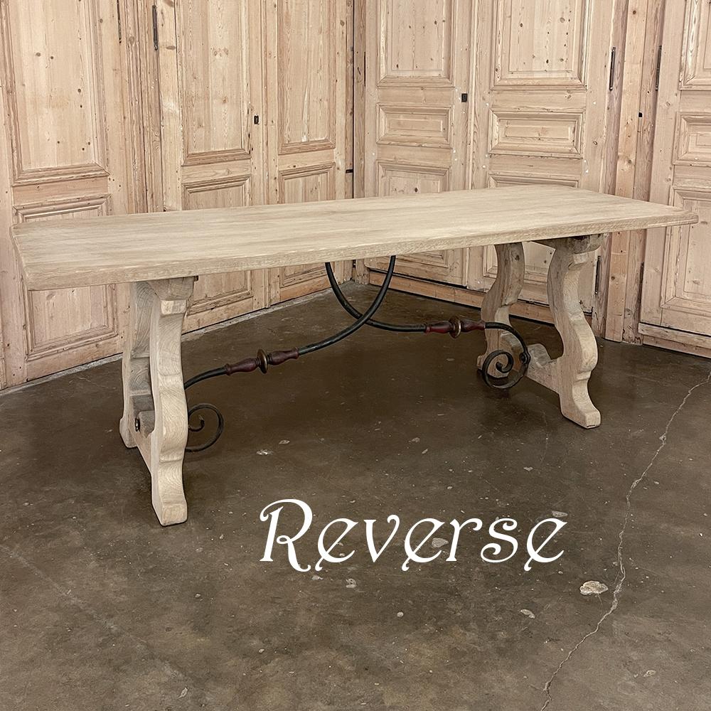 Vintage Spanish Colonial Dining Table with Wrought Iron in Solid Stripped Oak For Sale 9