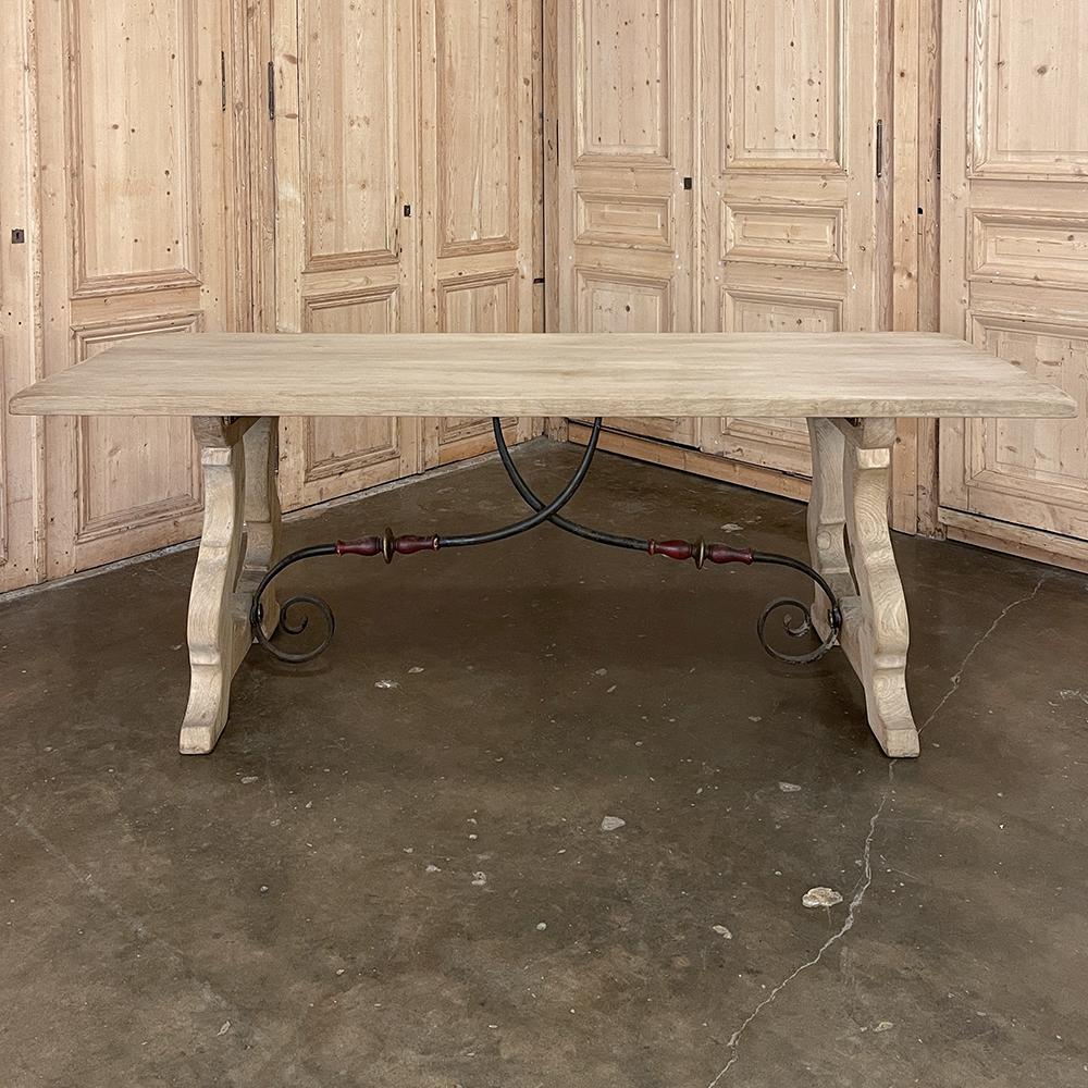 Hand-Crafted Vintage Spanish Colonial Dining Table with Wrought Iron in Solid Stripped Oak For Sale