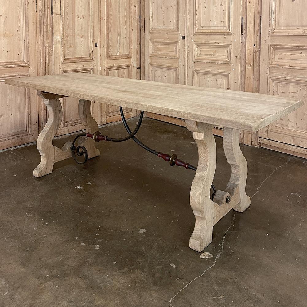 Vintage Spanish Colonial Dining Table with Wrought Iron in Solid Stripped Oak In Good Condition For Sale In Dallas, TX