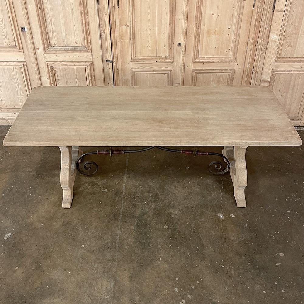 20th Century Vintage Spanish Colonial Dining Table with Wrought Iron in Solid Stripped Oak For Sale