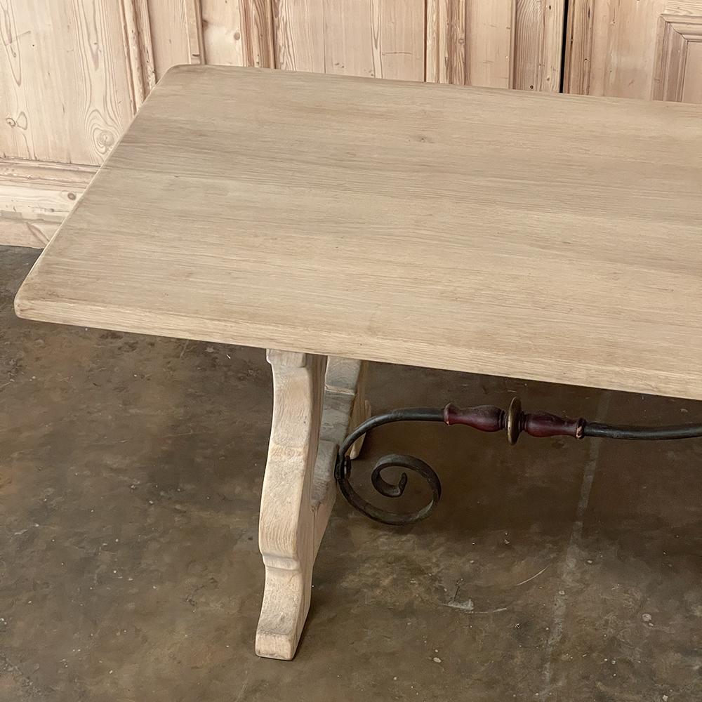 Vintage Spanish Colonial Dining Table with Wrought Iron in Solid Stripped Oak For Sale 1