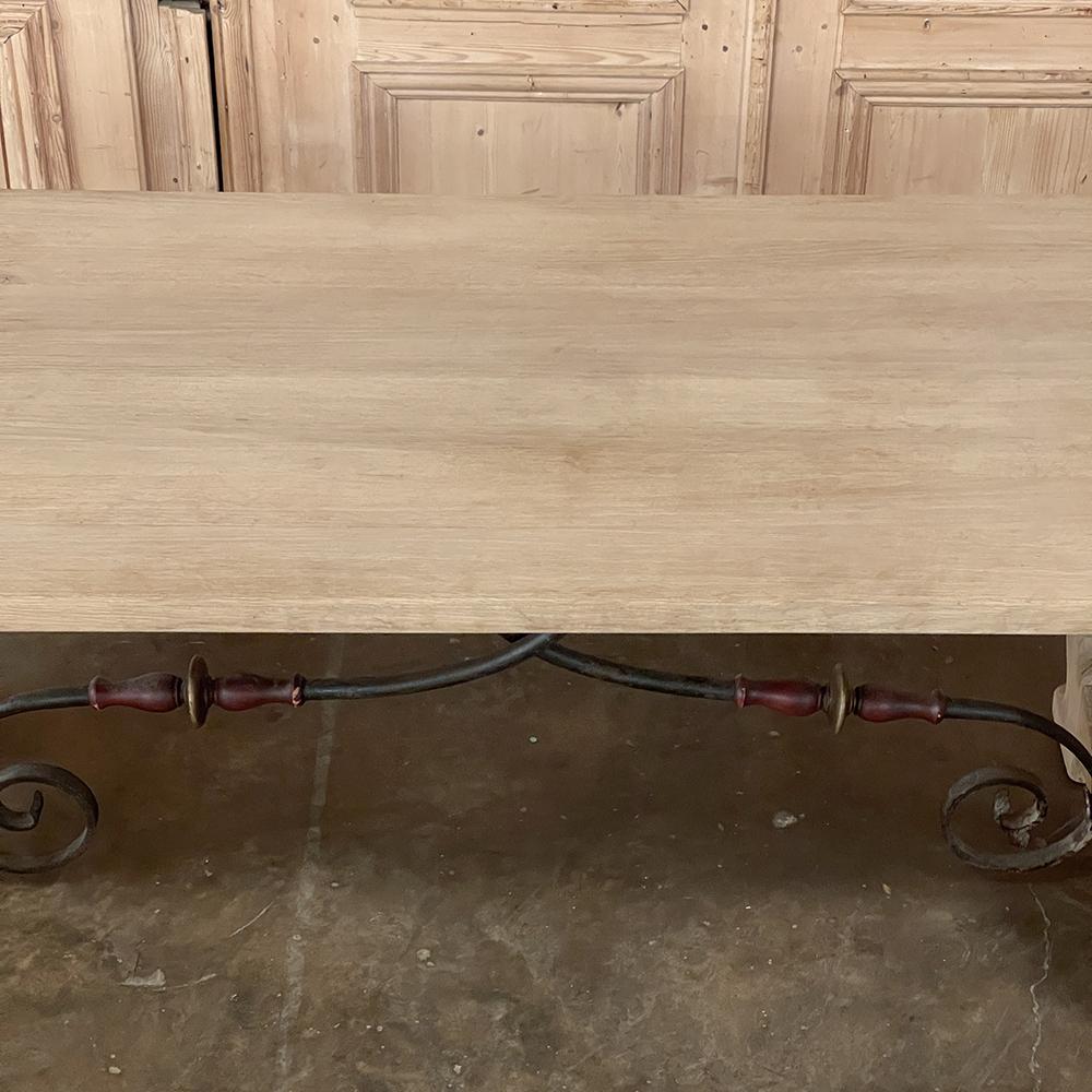 Vintage Spanish Colonial Dining Table with Wrought Iron in Solid Stripped Oak For Sale 2