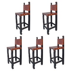 Vintage Spanish Colonial Hacienda Style Leather Bar Stools - Set of 5