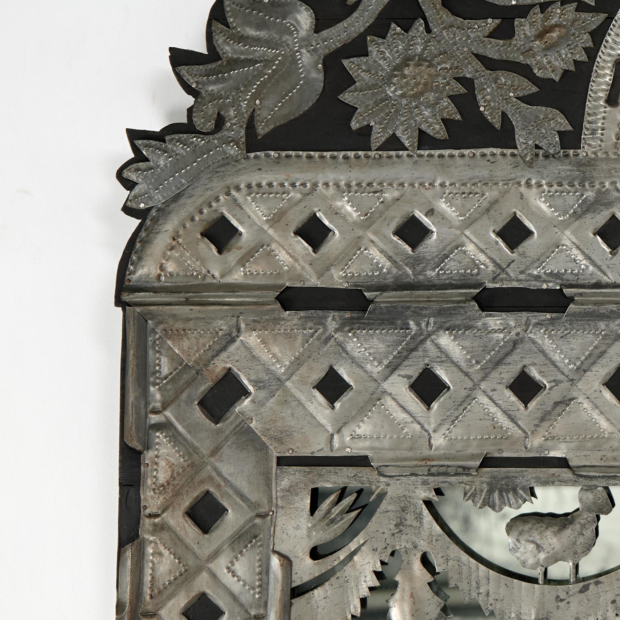 Anglo-Indian Vintage Spanish Colonial Style Wall Mirror with Applied Floral Metalwork For Sale