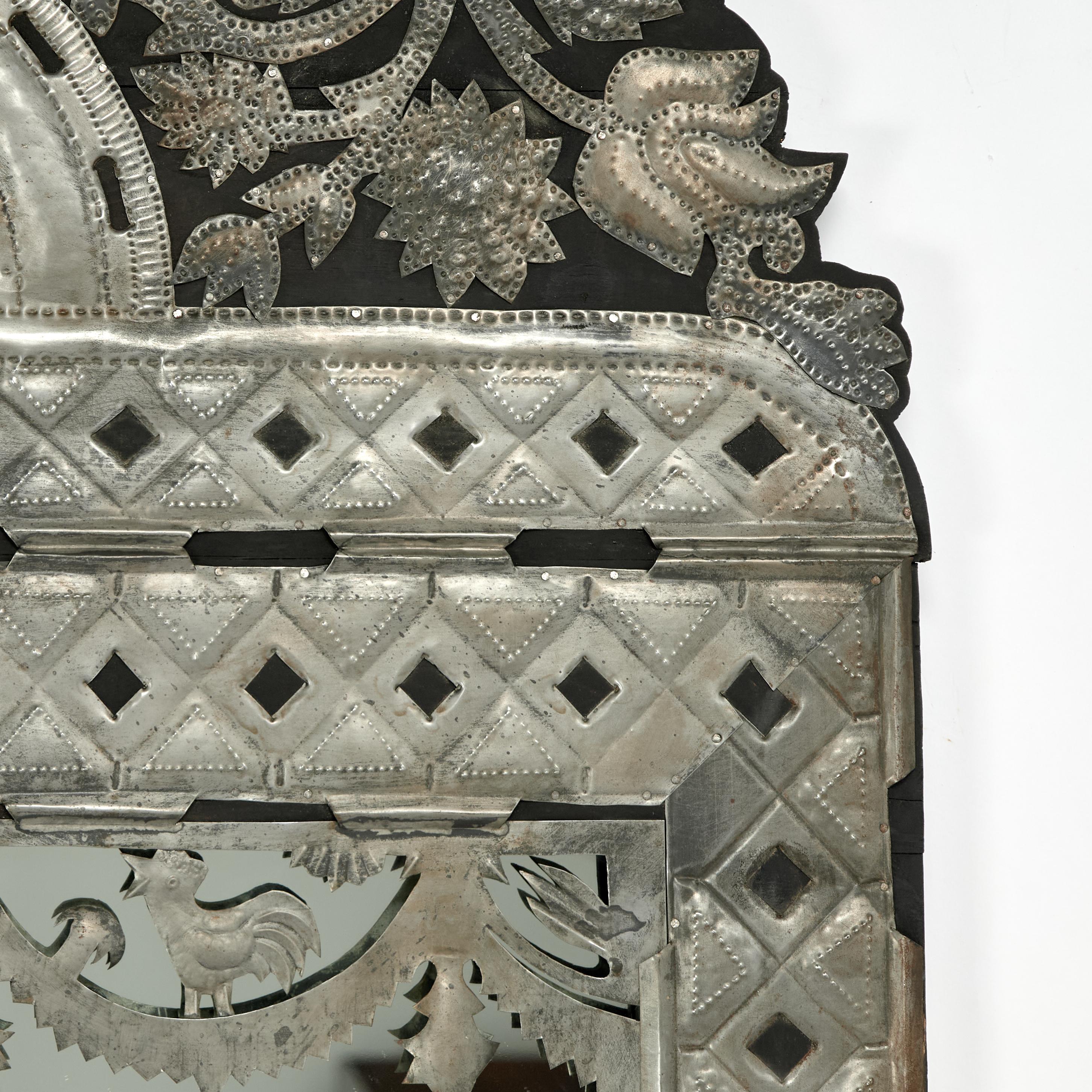 Hand-Crafted Vintage Spanish Colonial Style Wall Mirror with Applied Floral Metalwork For Sale