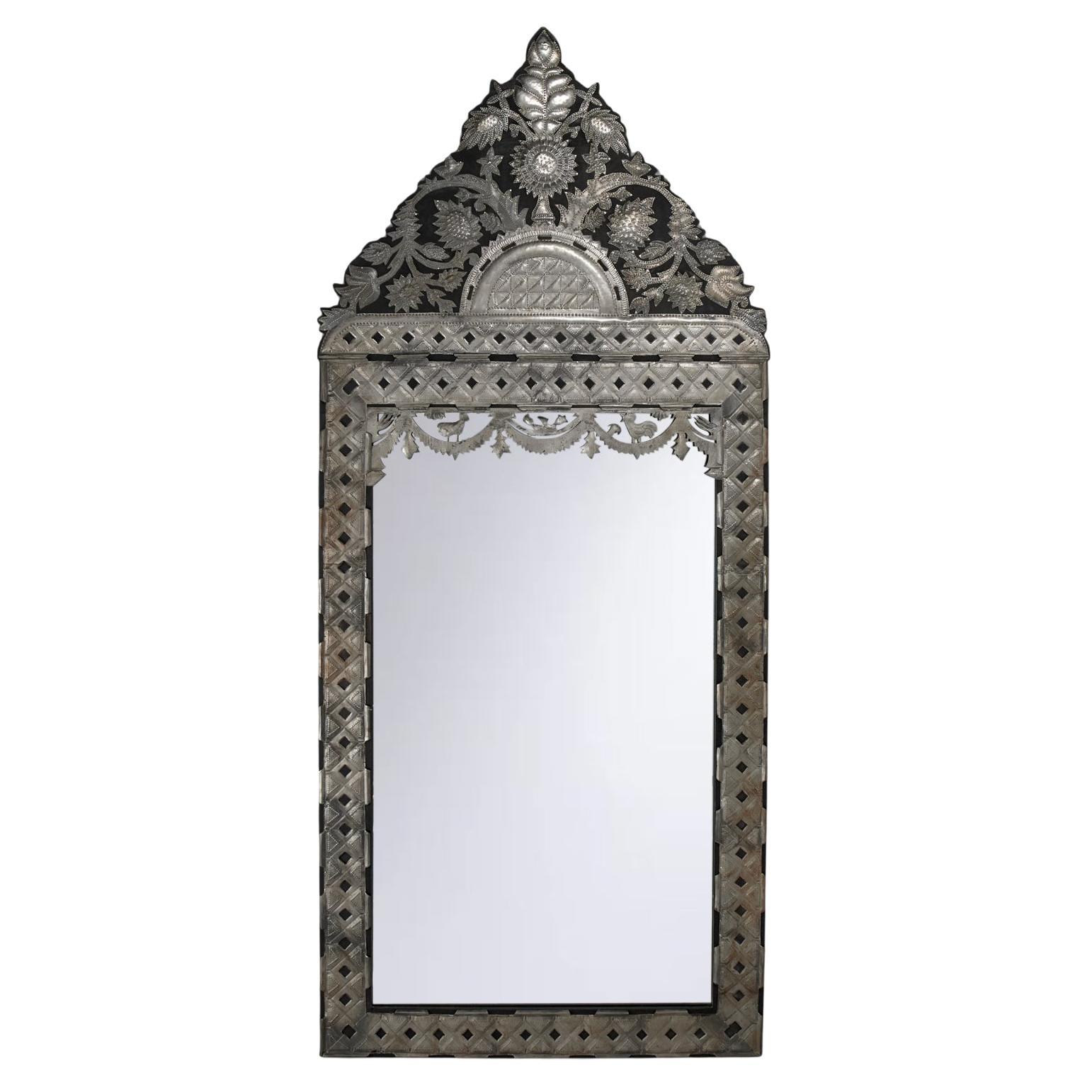 Vintage Spanish Colonial Style Wall Mirror with Applied Floral Metalwork For Sale