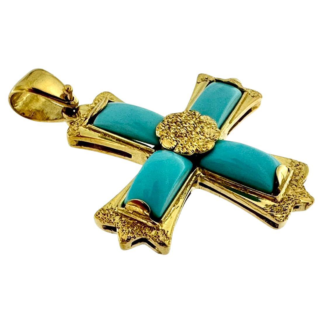 Vintage Spanish Cross 18 Karat Yellow Gold and Turquoise For Sale