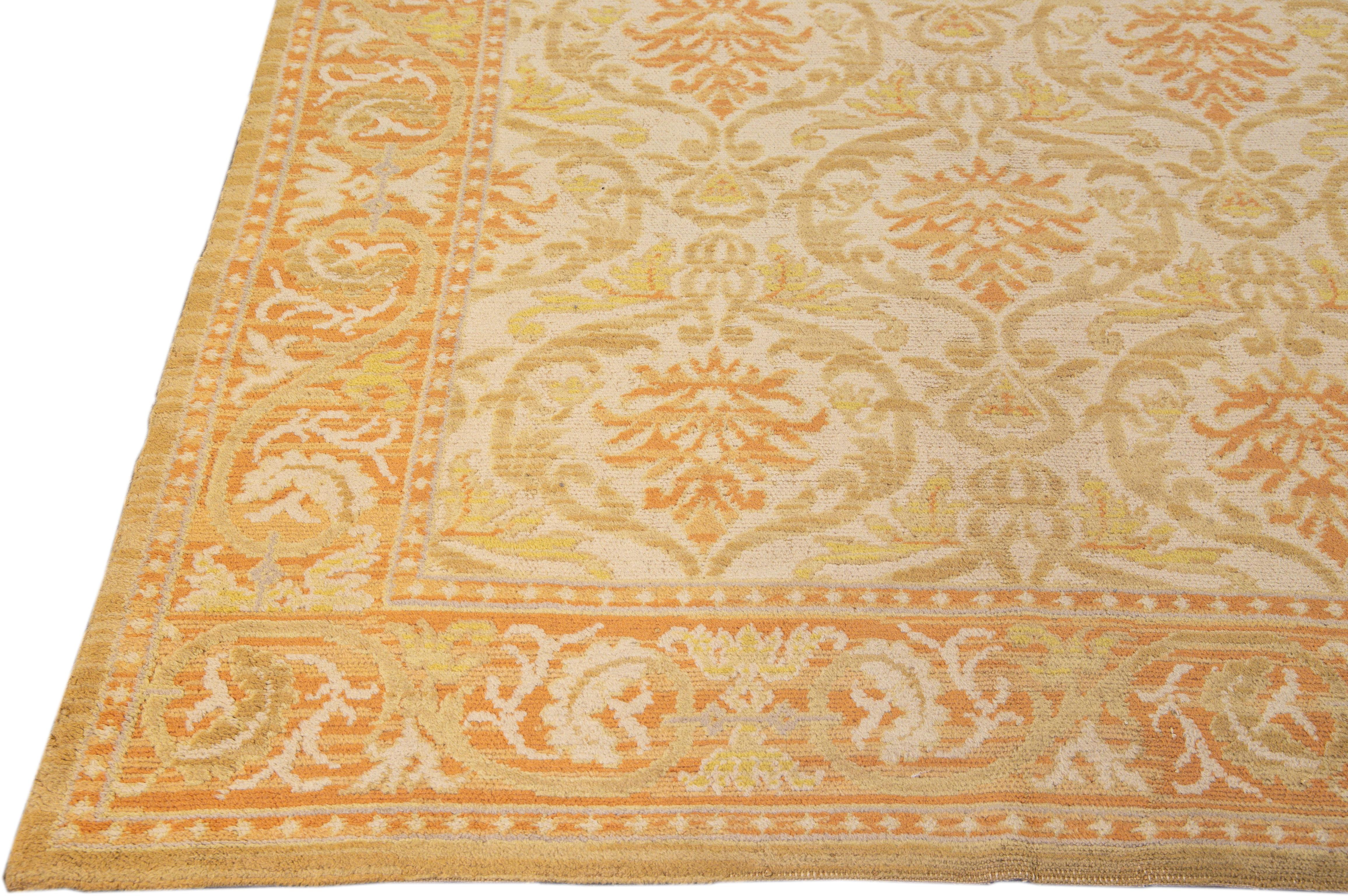 Hand-Knotted Vintage Spanish Cuenca Handmade Allover Floral Beige Oversize Wool Rug For Sale