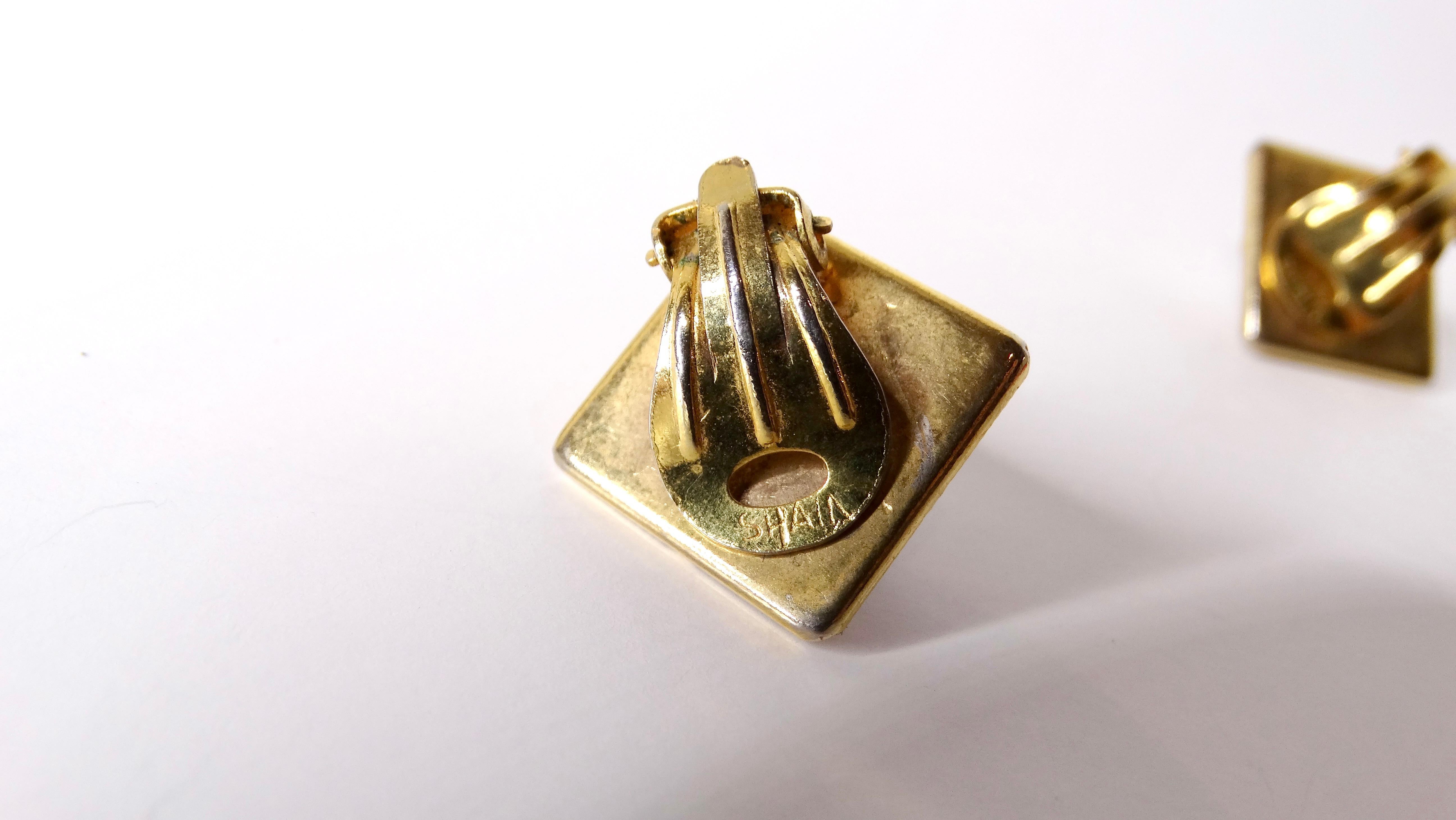 Women's Vintage Spanish Damascene Black & 14k Gold Plated Pyramid Earrings For Sale