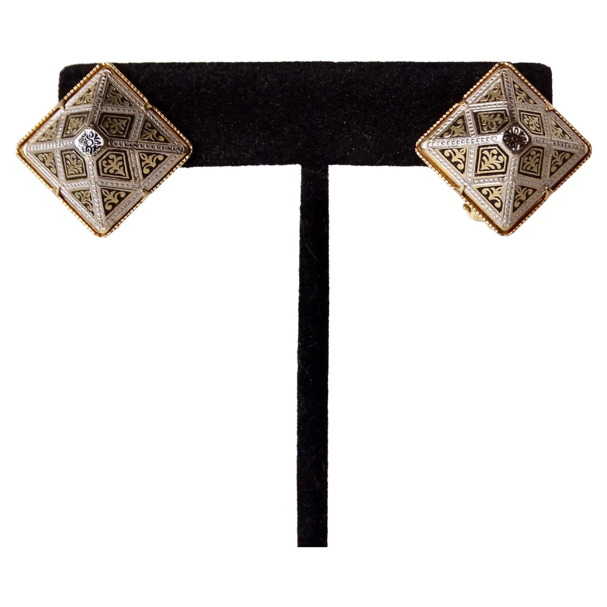Vintage Spanish Damascene Black & 14k Gold Plated Pyramid Earrings For Sale 2