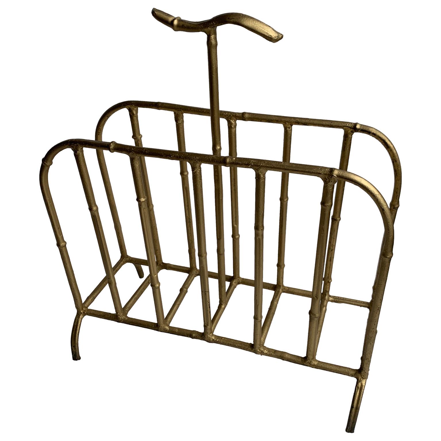 Faux-bamboo gilt-metal magazine or newspaper rack in great vintage condition.