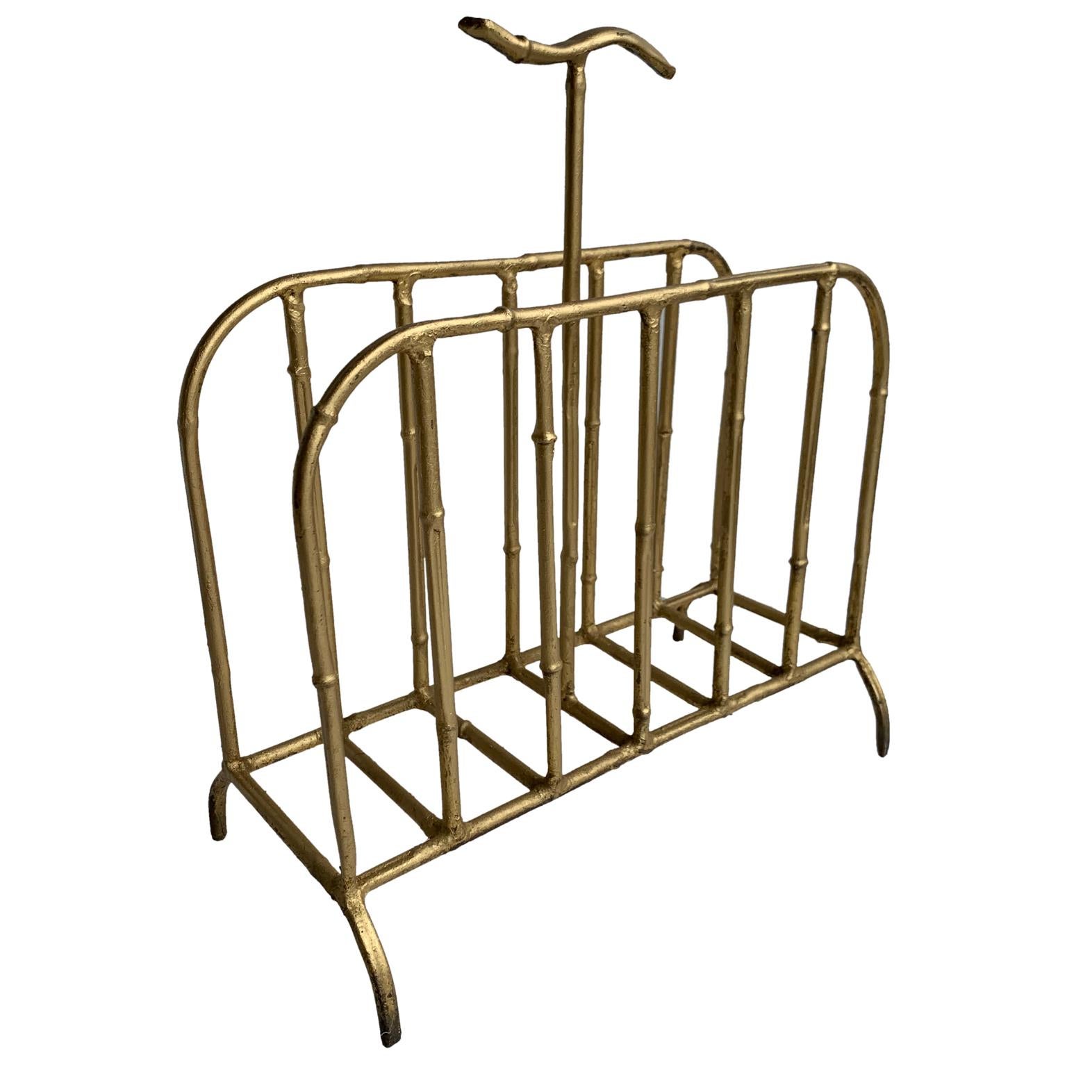 Vintage Spanish Faux-Bamboo Gilt-Metal Magazine Rack In Good Condition In Haddonfield, NJ