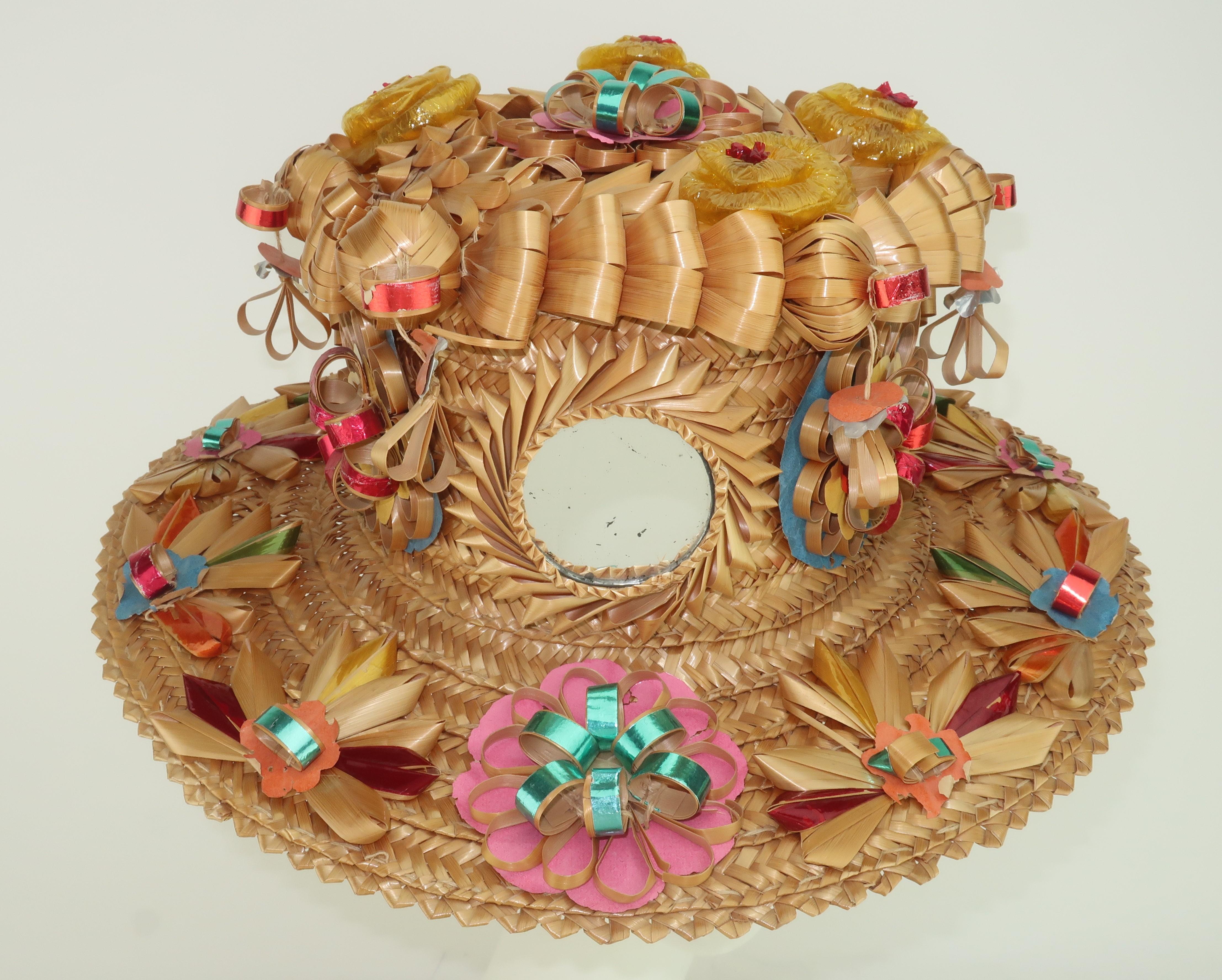 Vintage Spanish Folkloric Straw Hat With Mirror Decoration In Good Condition In Atlanta, GA