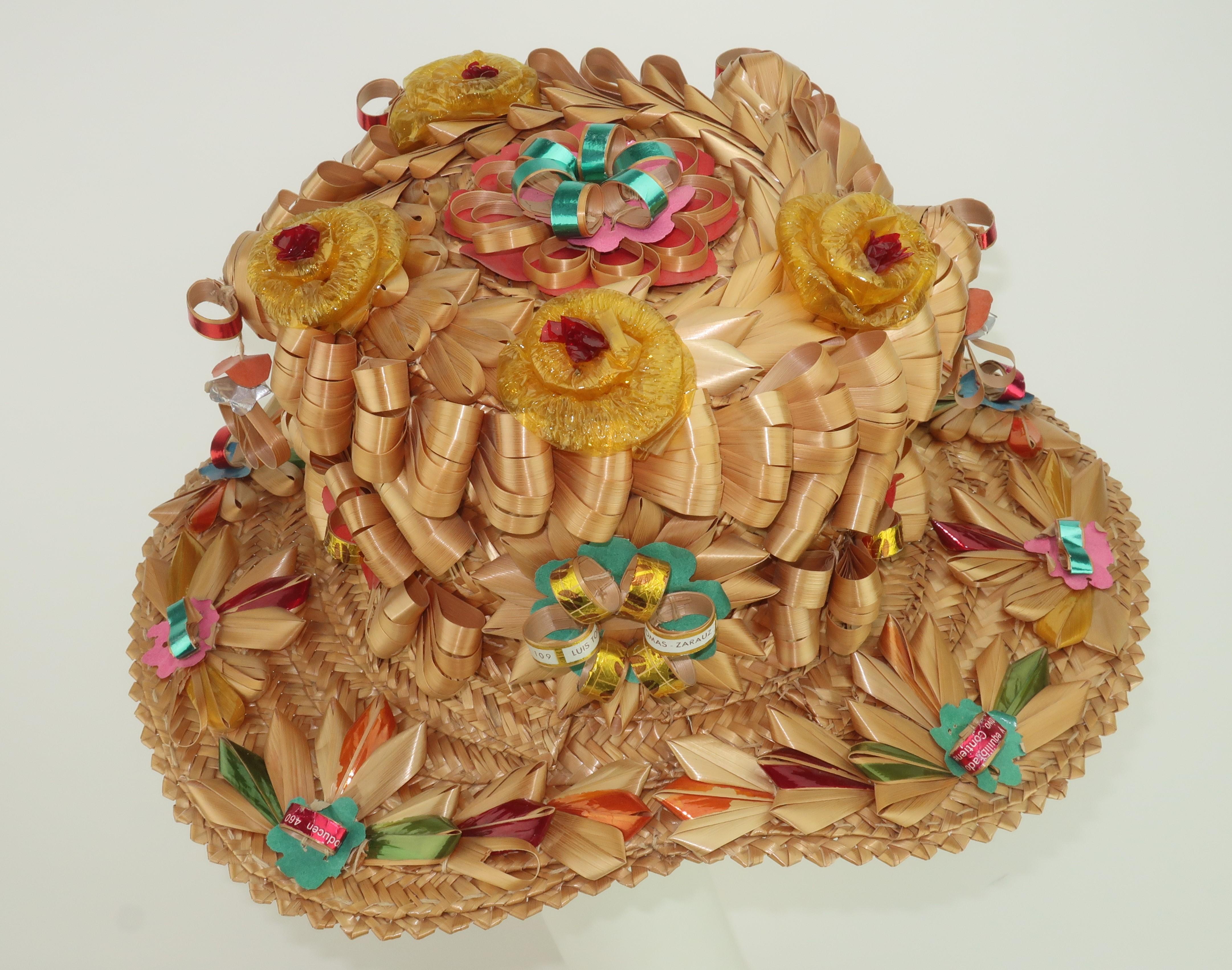 Vintage Spanish Folkloric Straw Hat With Mirror Decoration 1