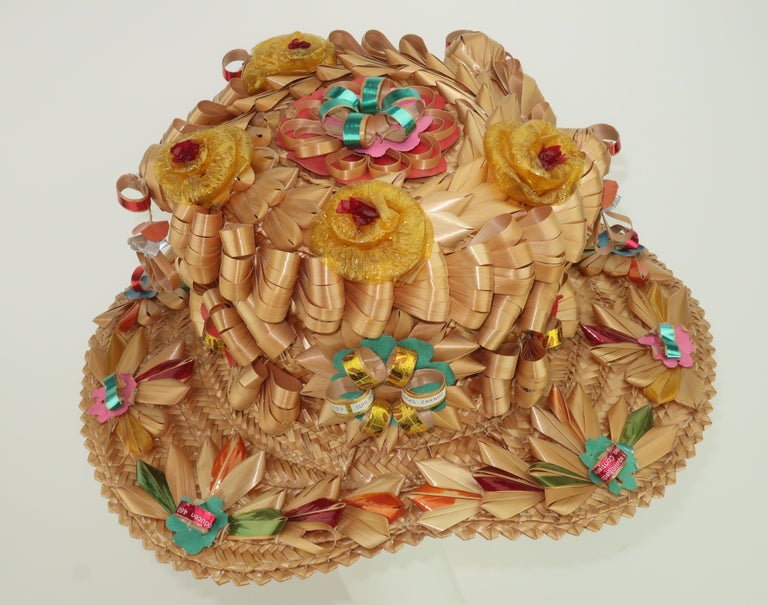 Vintage Spanish Folkloric Straw Hat With Mirror Decoration For Sale at