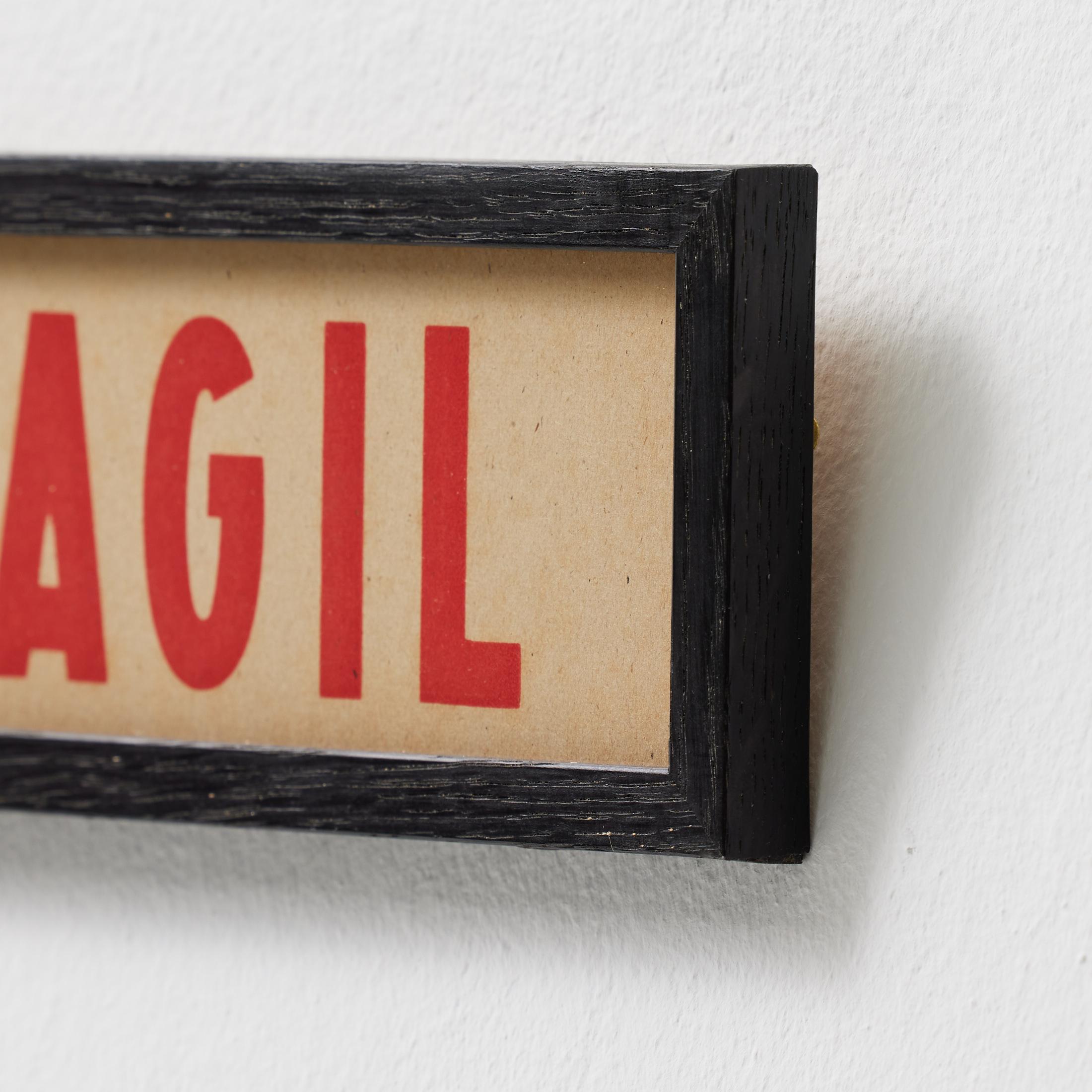 Vintage Spanish Framed Poster – “FRAGIL” in Modern Typography, Circa 1950 For Sale 1