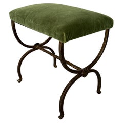 Vintage Spanish Gilt Iron Bench in Green Velvet