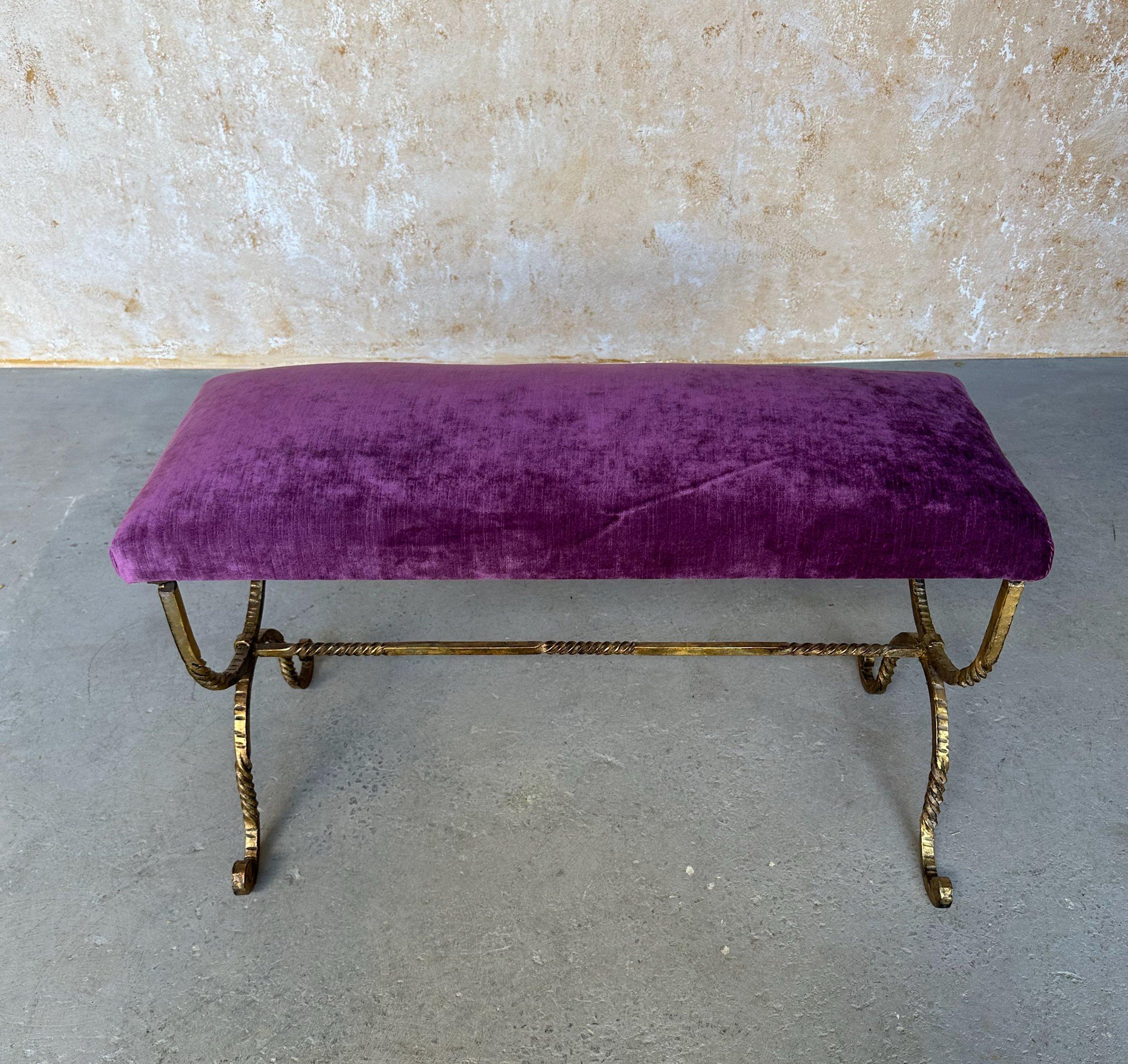 Vintage Spanish Gilt Iron Bench with Ornate Twisted Frame For Sale 5