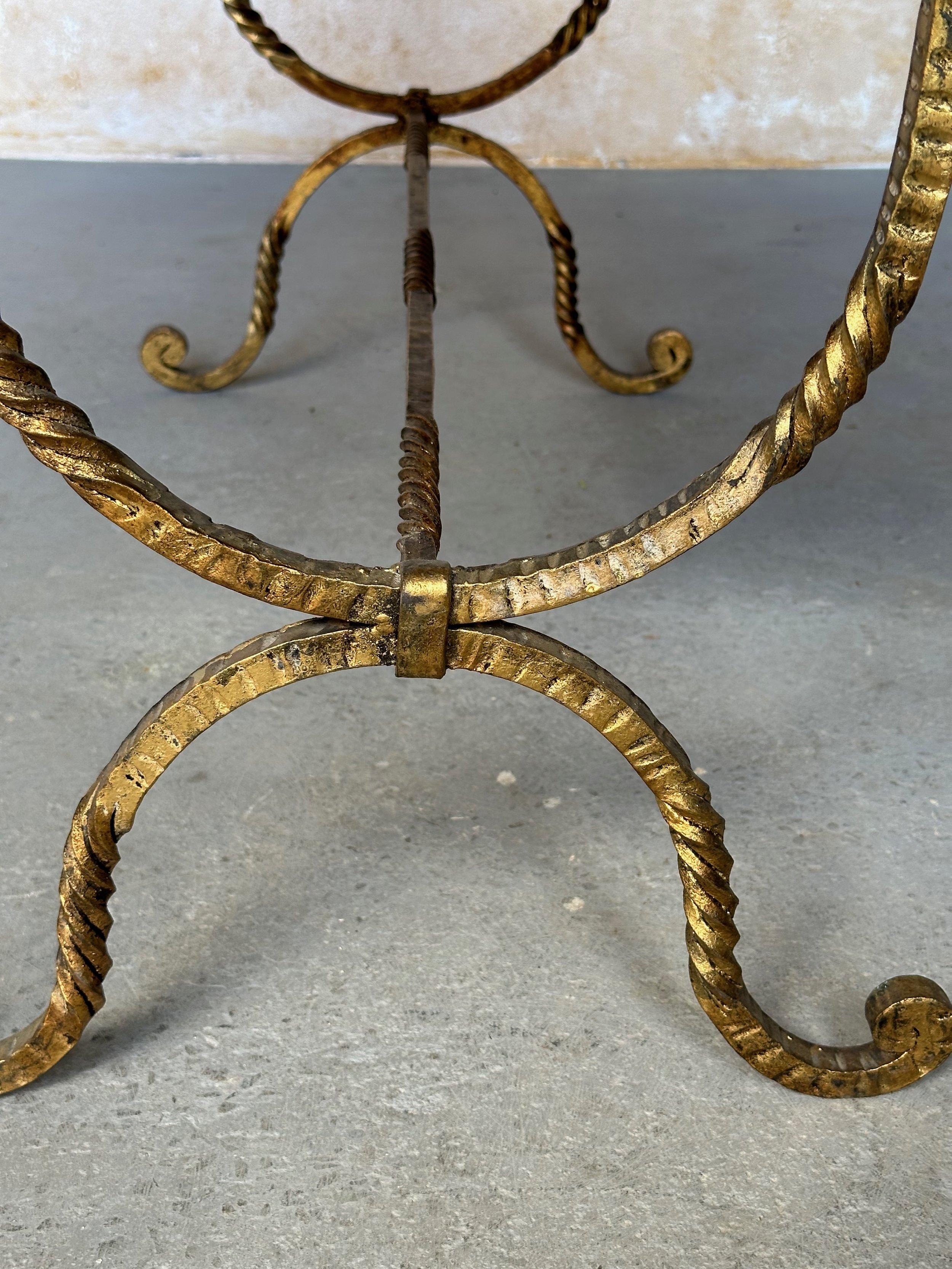 Vintage Spanish Gilt Iron Bench with Ornate Twisted Frame For Sale 7