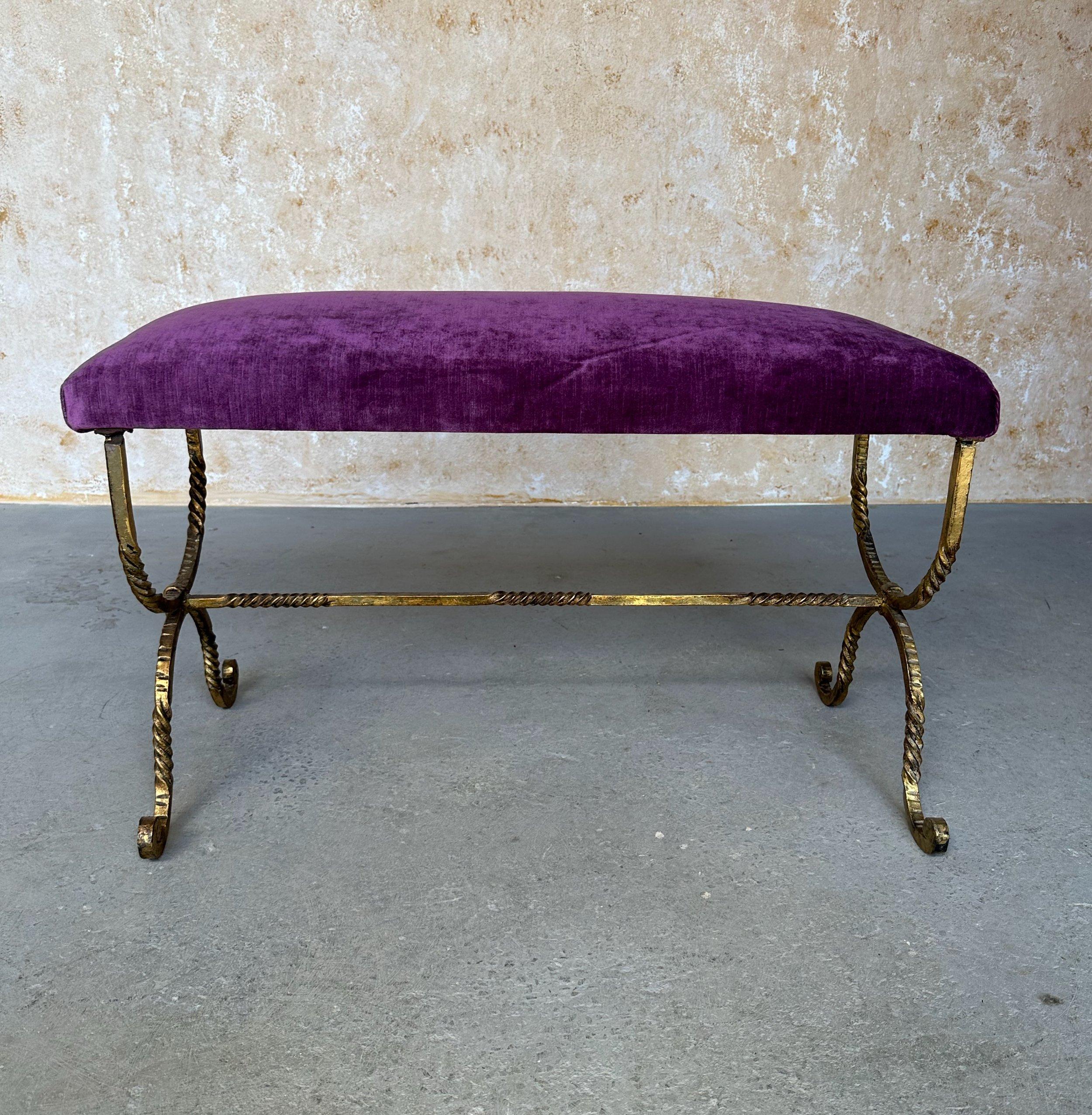 Vintage Spanish Gilt Iron Bench with Ornate Twisted Frame In Good Condition For Sale In Buchanan, NY