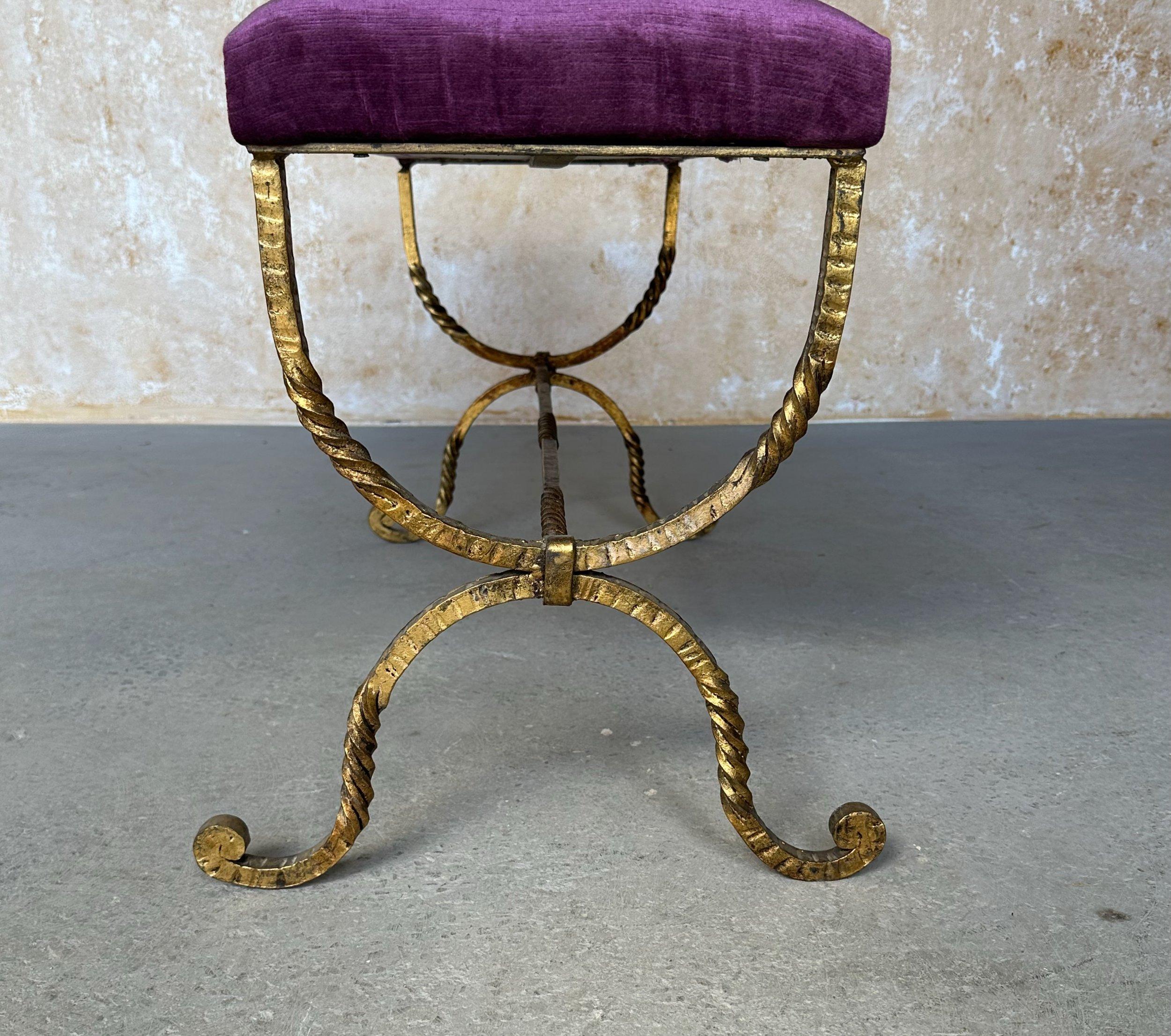 Mid-20th Century Vintage Spanish Gilt Iron Bench with Ornate Twisted Frame For Sale