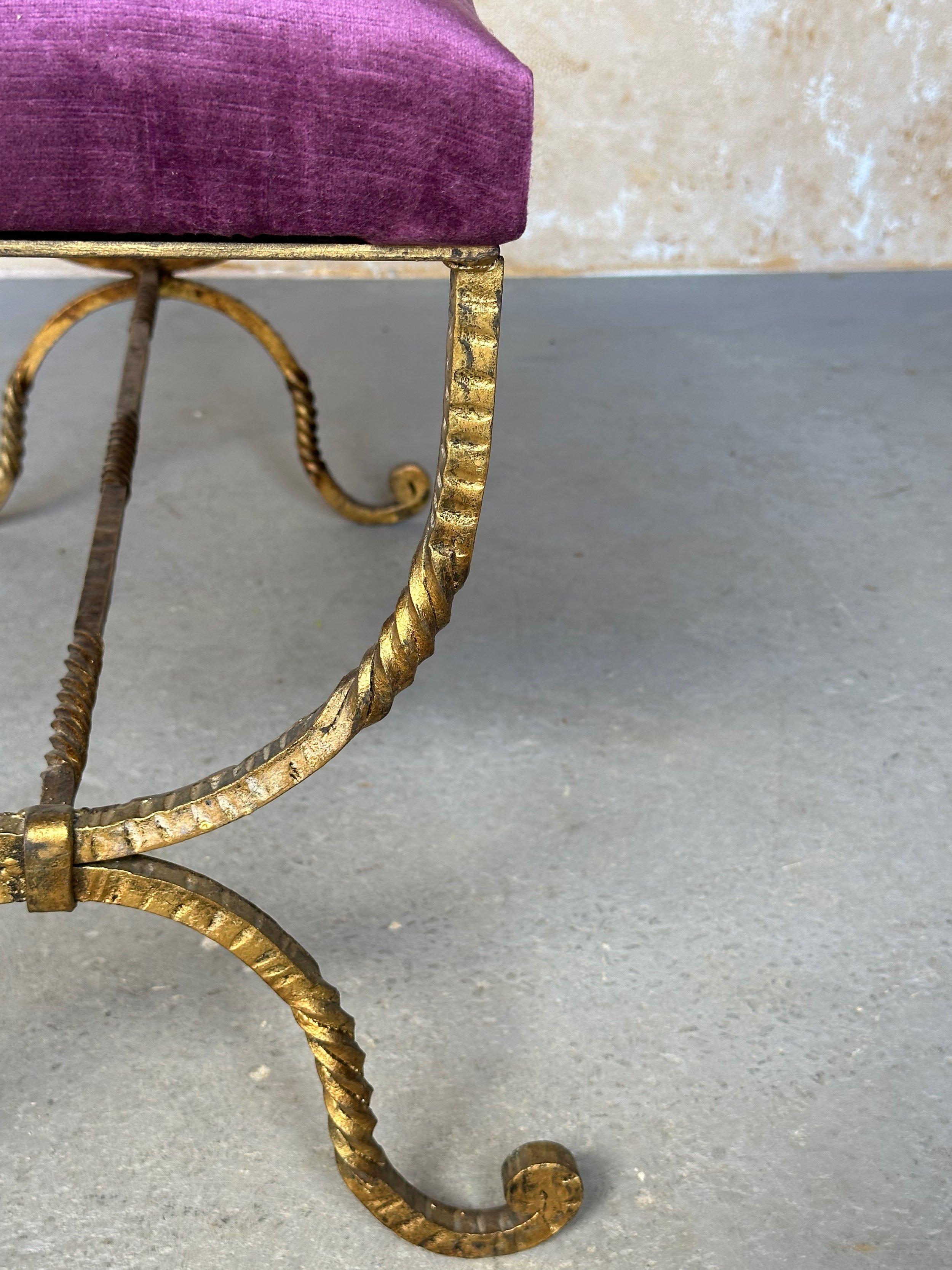 Vintage Spanish Gilt Iron Bench with Ornate Twisted Frame For Sale 4