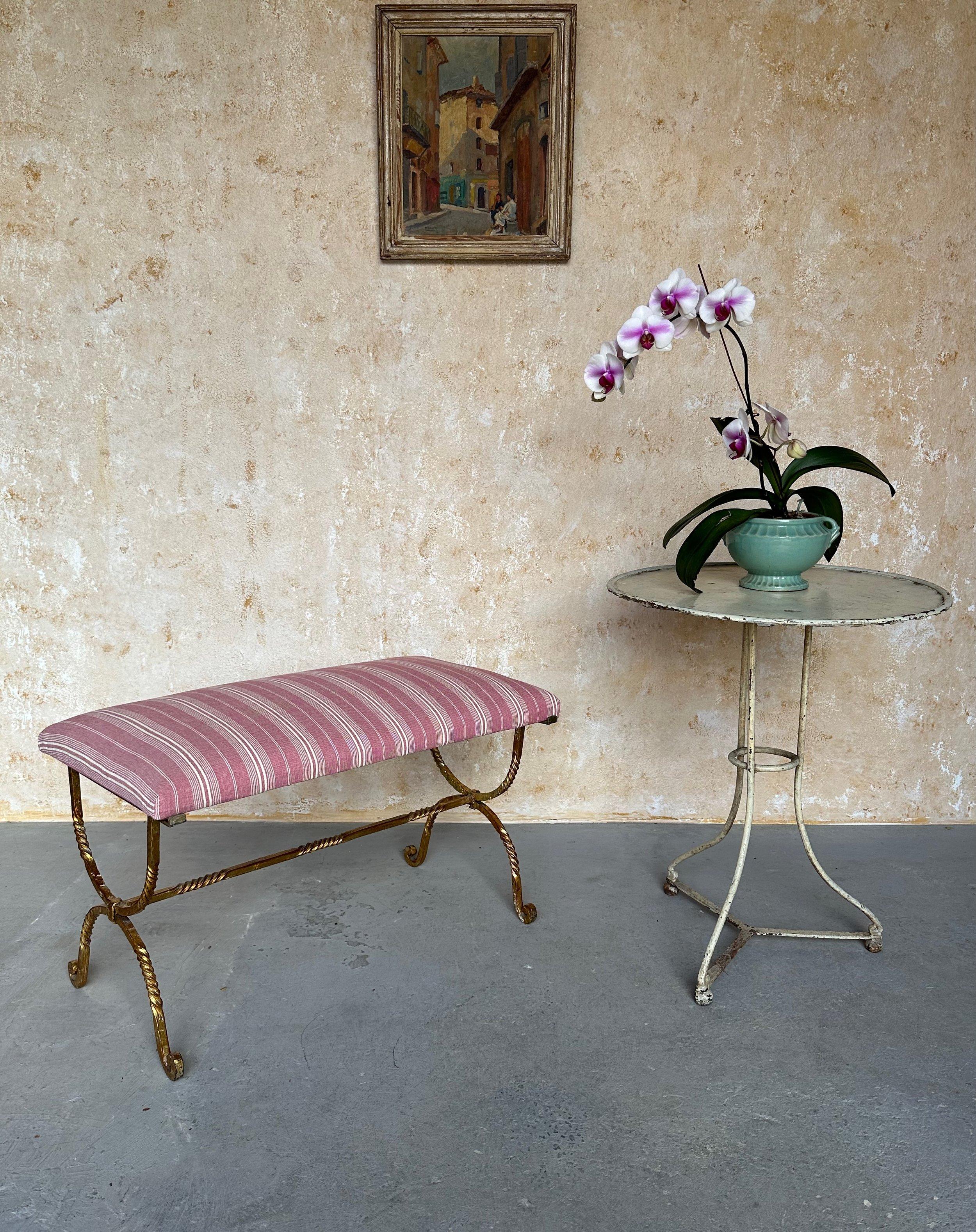 Mid-Century Modern Vintage Spanish Gilt Iron Bench with Twisted Frame For Sale