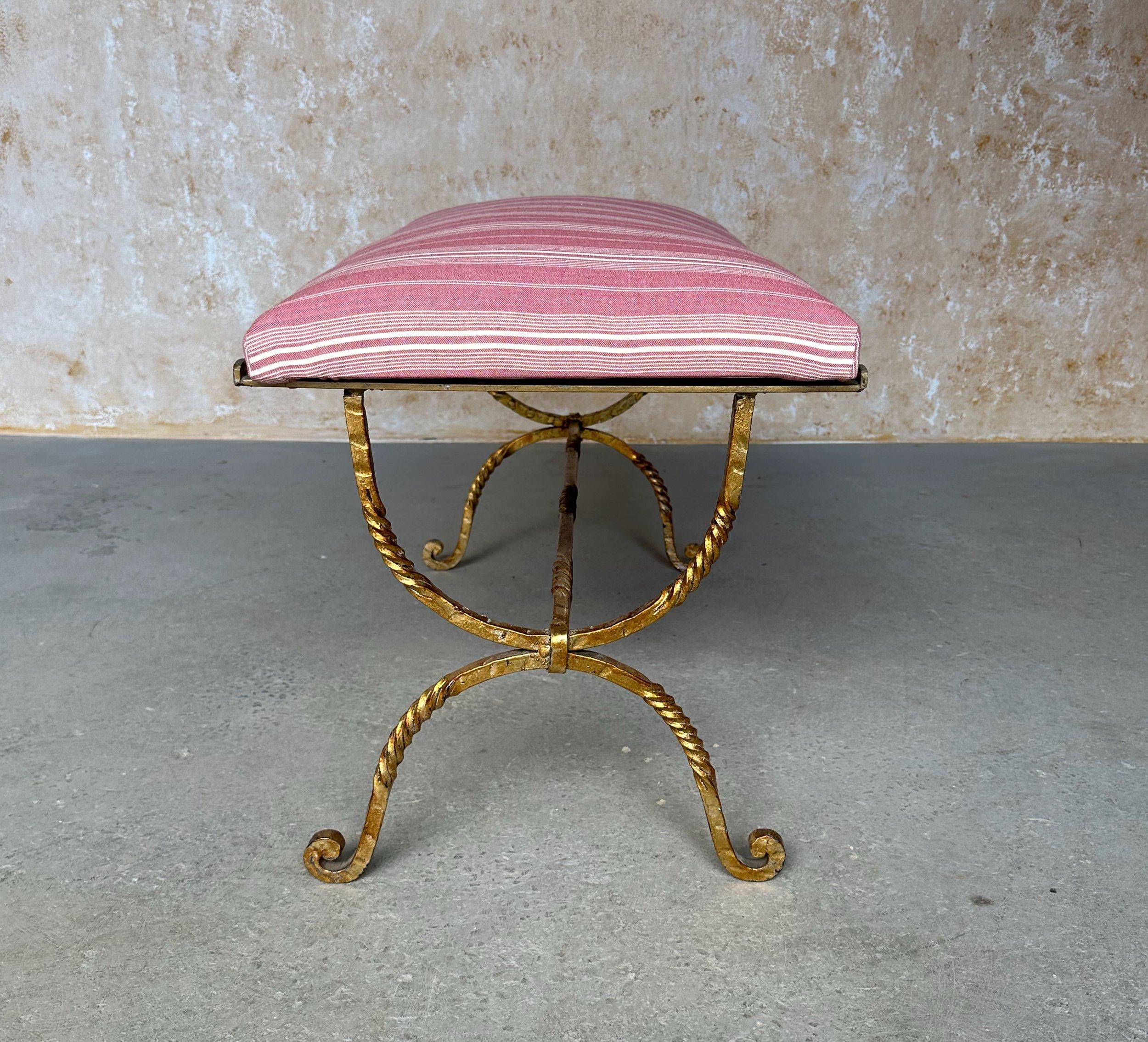 Mid-20th Century Vintage Spanish Gilt Iron Bench with Twisted Frame For Sale