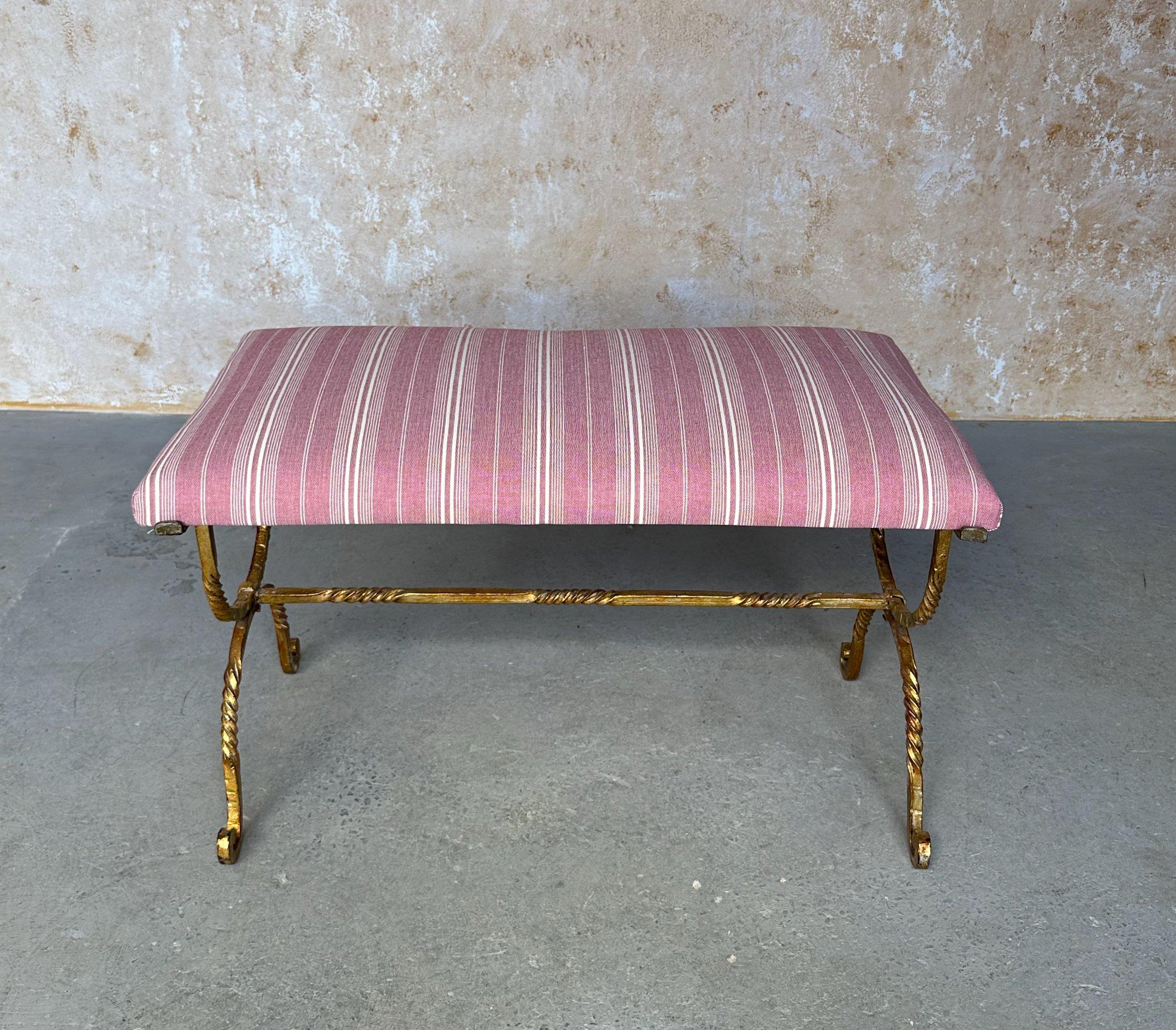 Vintage Spanish Gilt Iron Bench with Twisted Frame For Sale 2