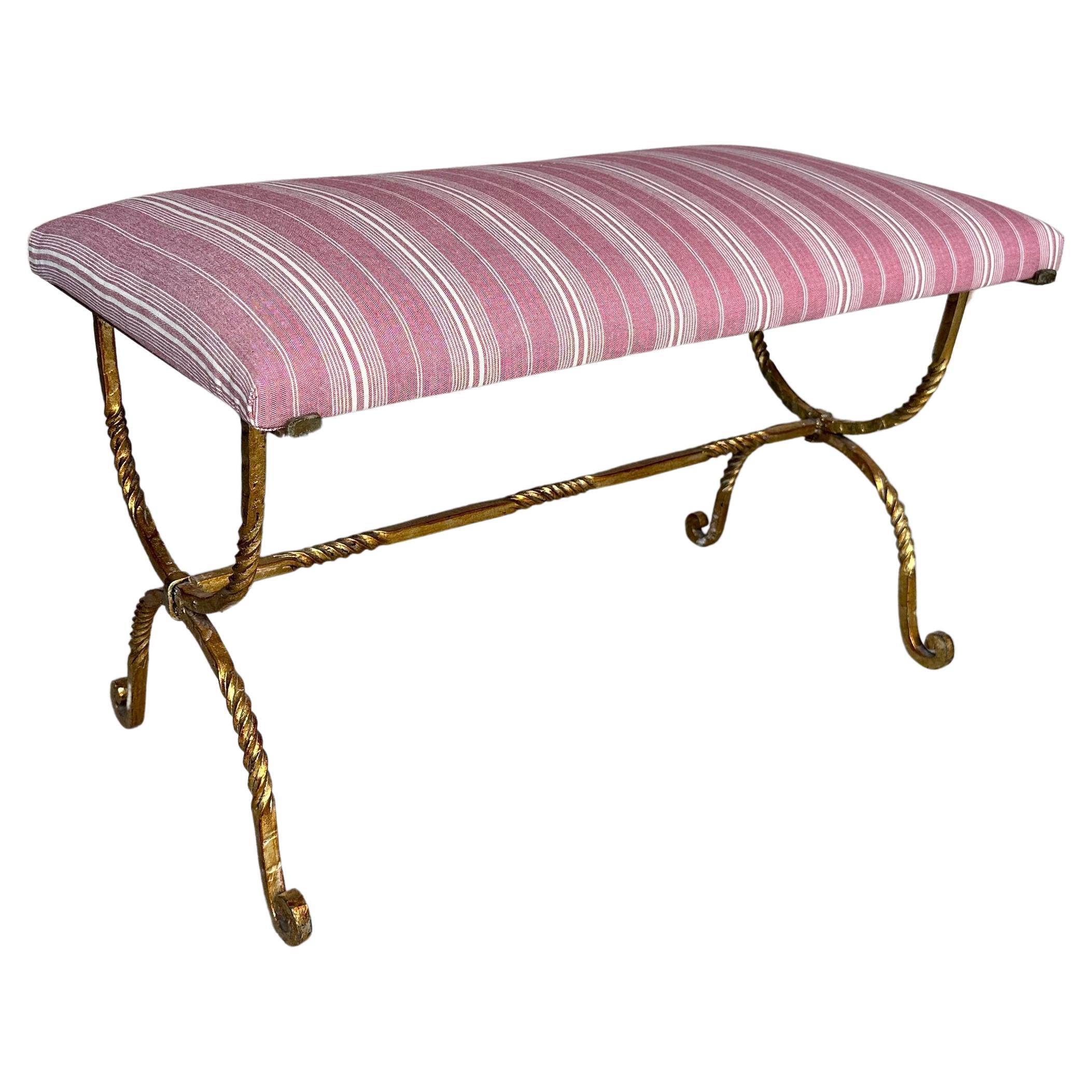 Vintage Spanish Gilt Iron Bench with Twisted Frame For Sale