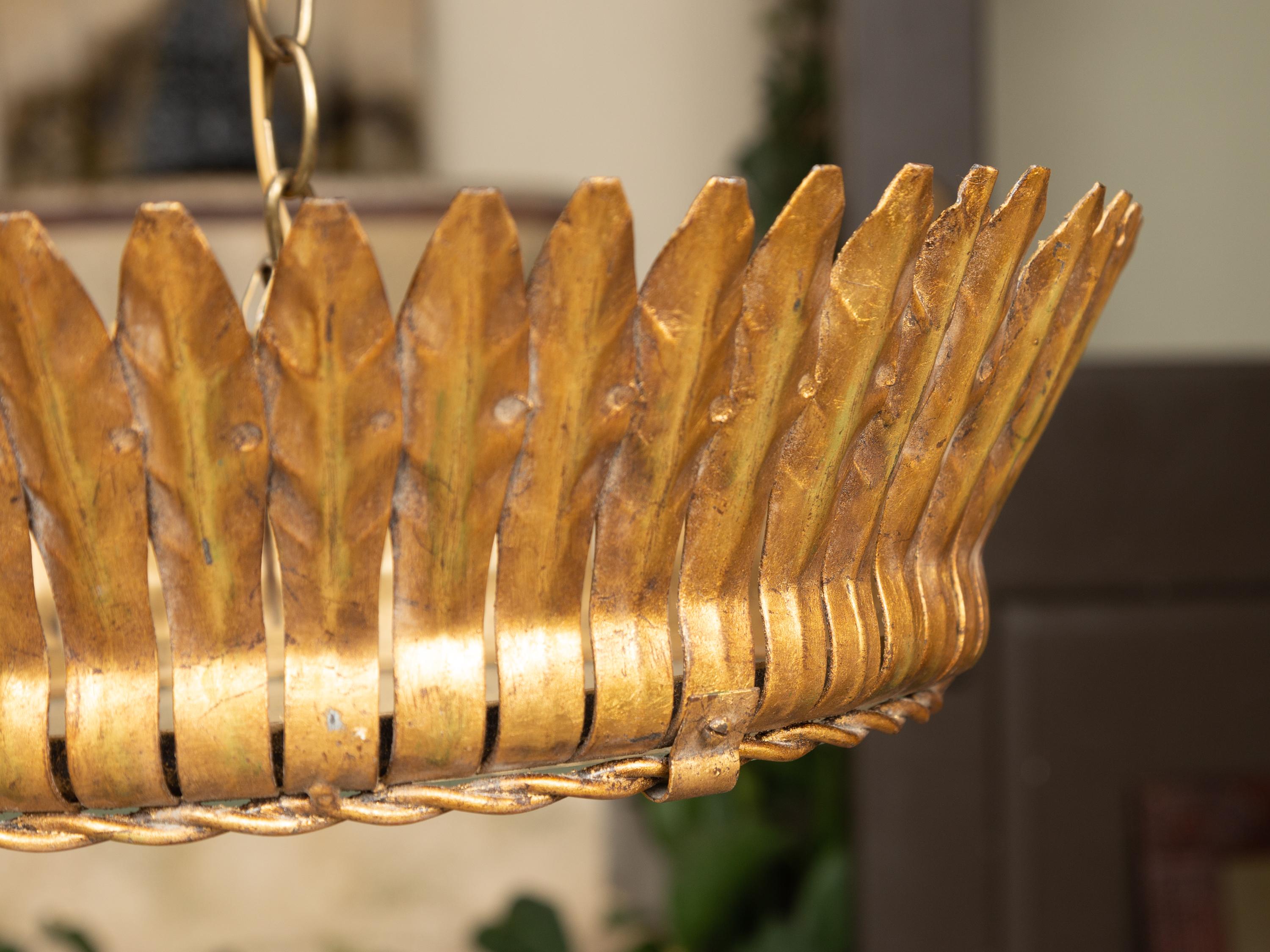 Vintage Spanish Gilt Metal Crown Chandelier with Frosted Glass and Leaf Motifs For Sale 5